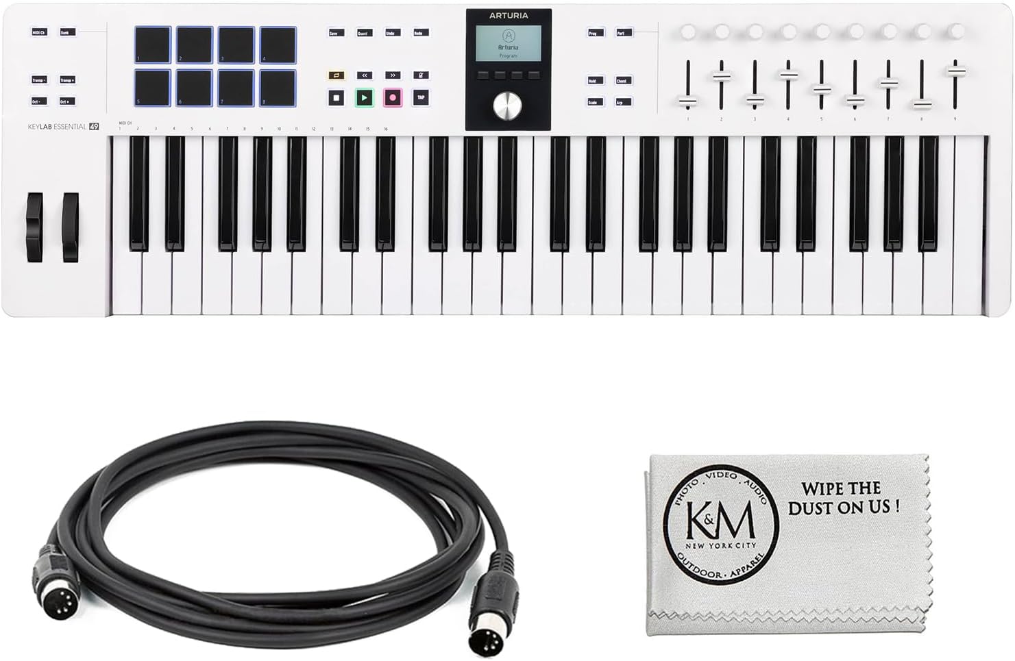 Arturia KeyLab Essential mk3 49-Key Universal MIDI Controller and Software | White with 6ft MIDI Cable & Cleaning Cloth (3 Items)