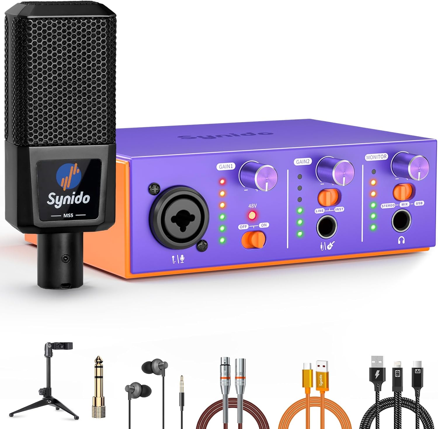 Synido USB-C Audio Interface Bundle, All-in-One Audio Interface with XLR Dynamic Microphone, 48V Phantom Power, Stand, Monitor Earphone, Adapter Cables, perfect for PC Recording Podcasting, Purple