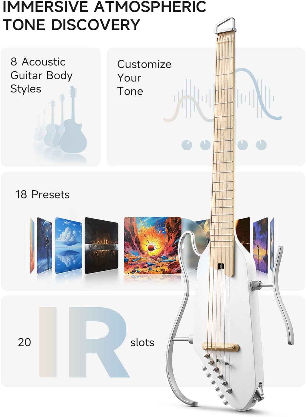 Acoustic Electric Guitar Travel Guitar with Multiple Effect Modes Smart Guitarra Kit, White and Mini Guitar Amp Small Electric Amplifier 5W Portable