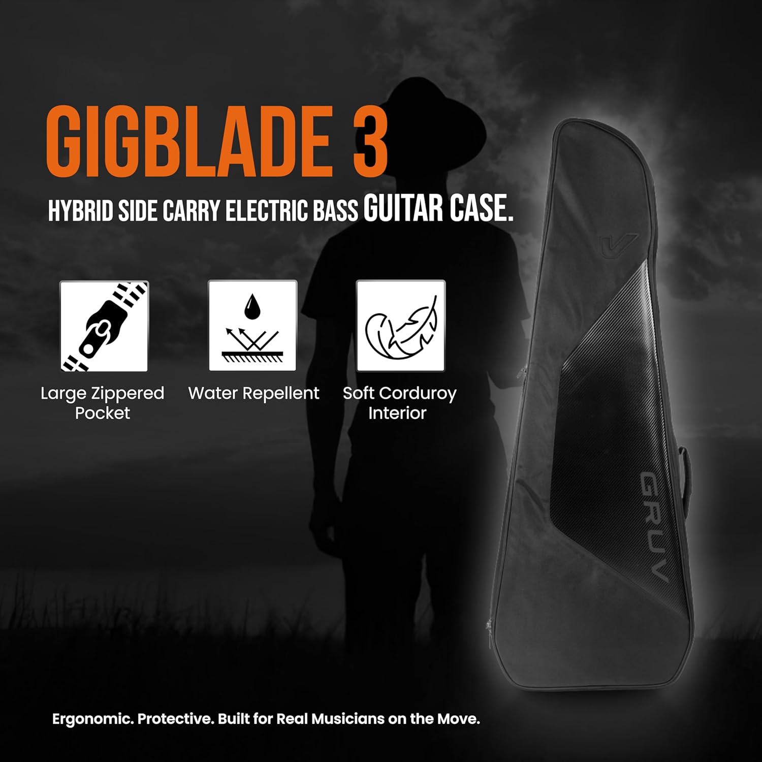 Gruv Gear GigBlade 3 Hybrid Side Carry Electric Guitar Travel Bag with Padded Interior, Large Zippered Pockets, Water Repellent Fabric & Removable Neck Brace - Gig Bag with Global Recovery Tag - Black