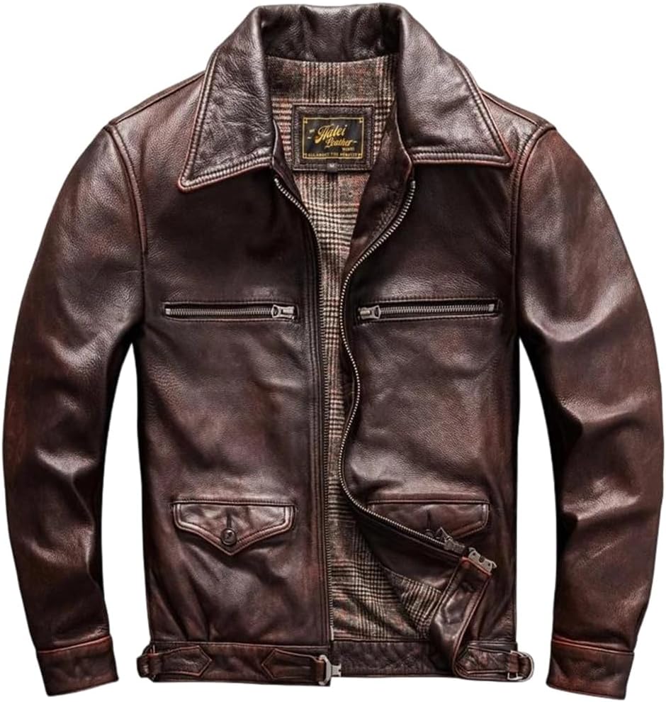 Men Vintage Style Plus Size Genuine Natural Cowhide Turn-Down Collar Red Brown Autumn Leather Jacket Coat