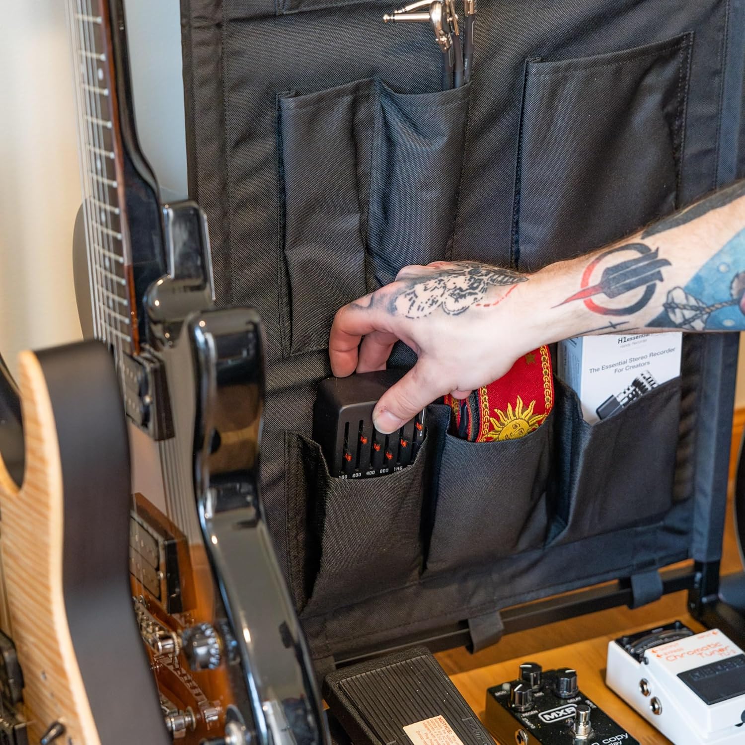 StoreYourBoard The Headliner Guitar Rack, 10 Storage Slots, Multiple Guitar Floor Stand for Acoustic and Electric, Black Canvas Storage Pockets, Hardwood Shelf