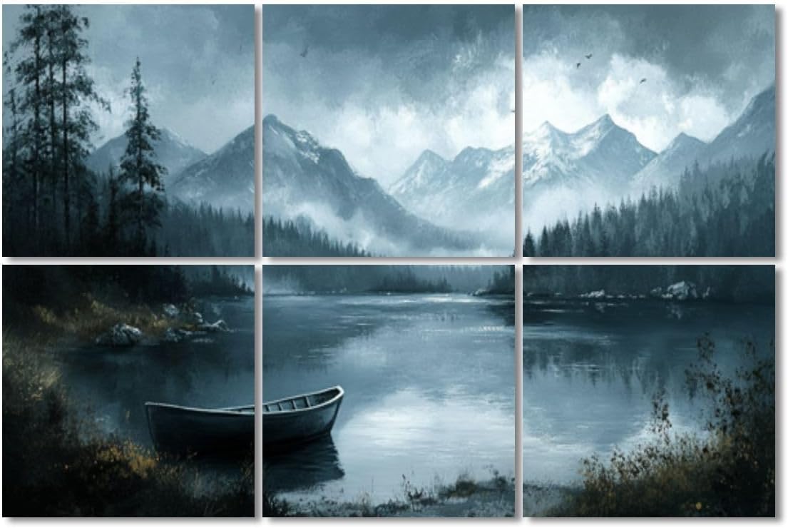 6 Pack Art Acoustic Panels Sound Absorbing Lake Mountains Forest Scenery Nature Landscape Modern Boat Rowboat Decorative Soundproof Wall Panels Self Adhesive for Recording Studios Office 72