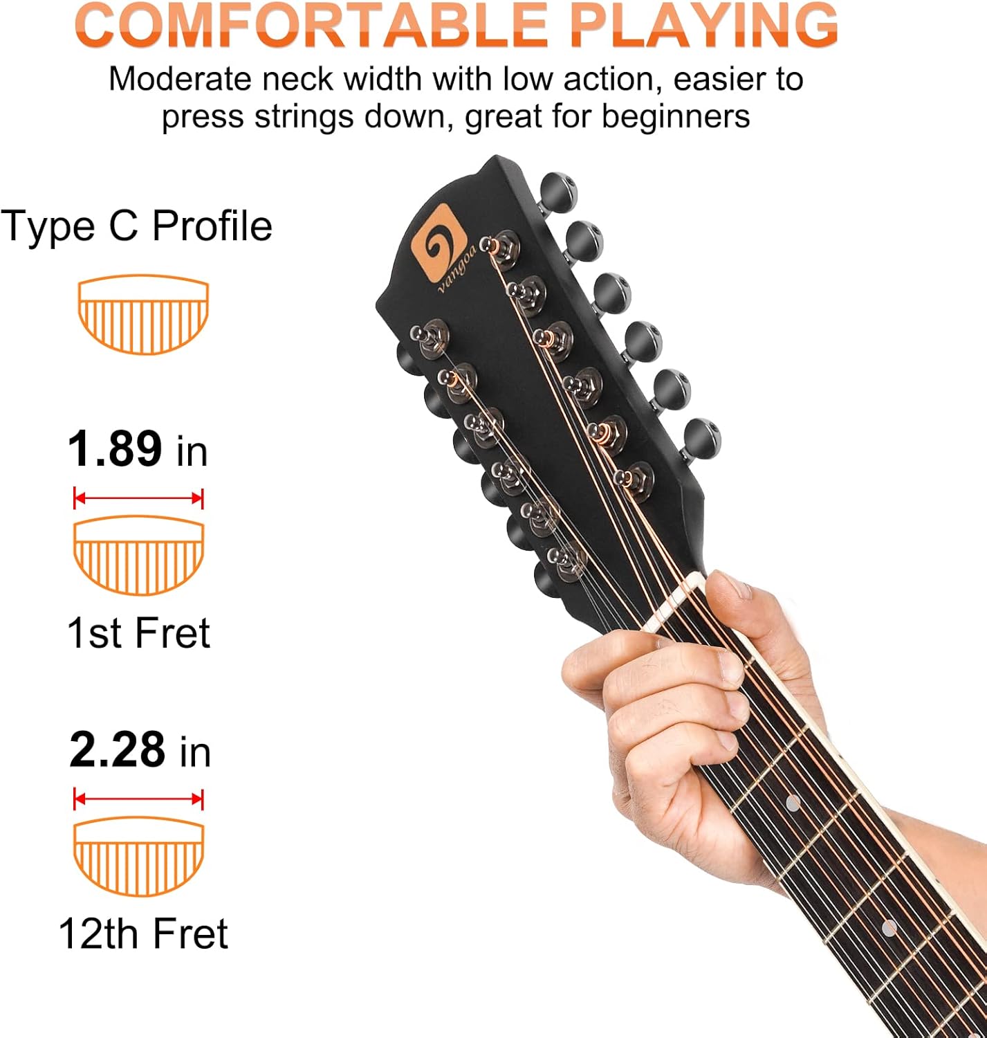 Vangoa LEFT HANDED 12 String Guitar Acoustic electric Cutaway 42 Inch Full Size Dreadnought Spruce Top Sapele Body for Beginners Teens Adults, Black, Matte