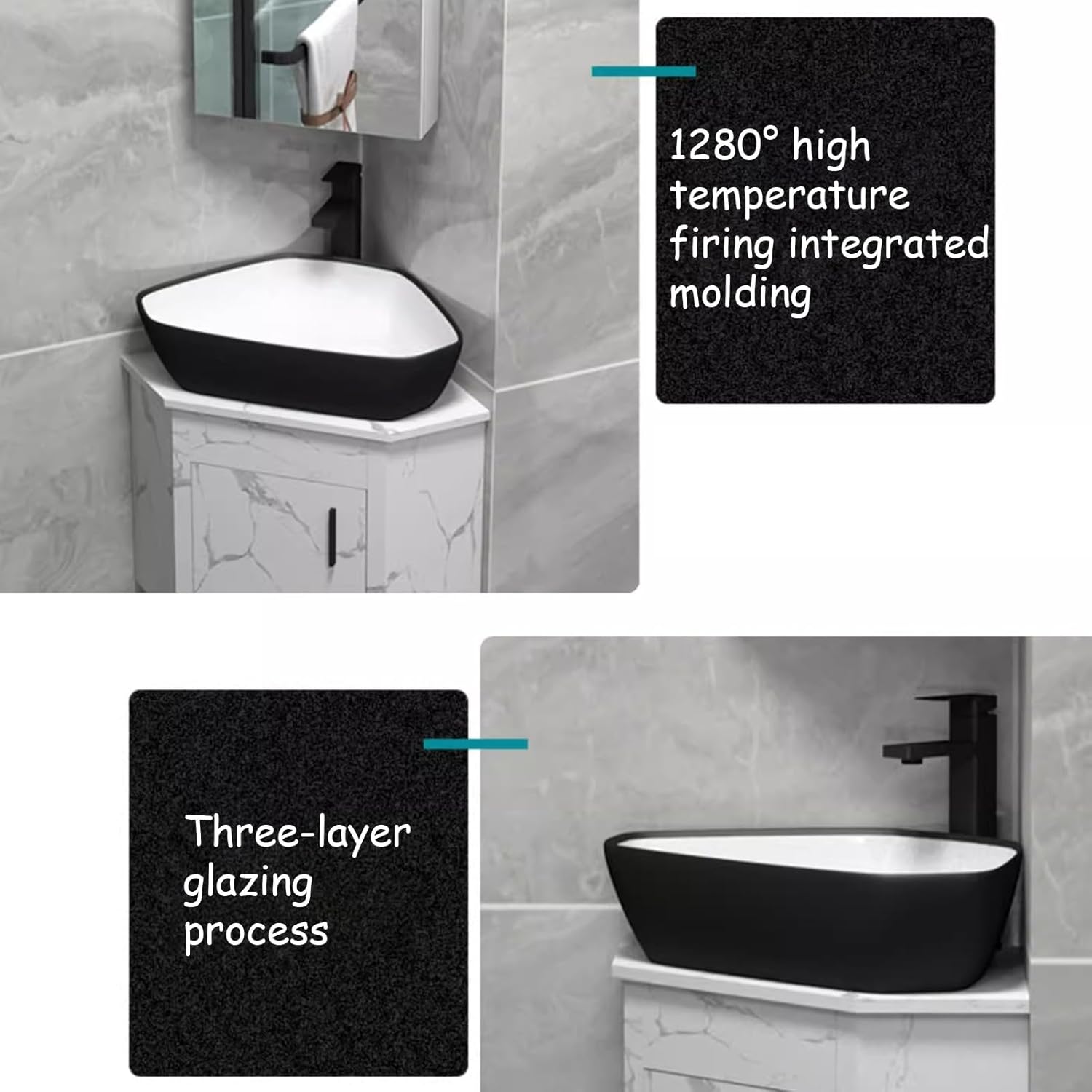 Corner Bathroom Sink, Ceramic Basin Wall Mount Vanity, Floating Wash Basin, Corner Pedestal Sink for Small Space, Bathroom Sink with Storage Container(White)