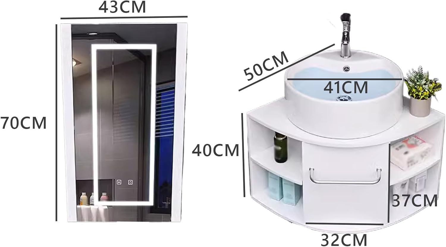 Bathroom Mirror Cabinet with Lights, Bathroom Cabinets with Sink, More Storage Space Countertop RoundBasin, Bathroom Corner Cabinet Wall Mount, for Bathroom(50CM)