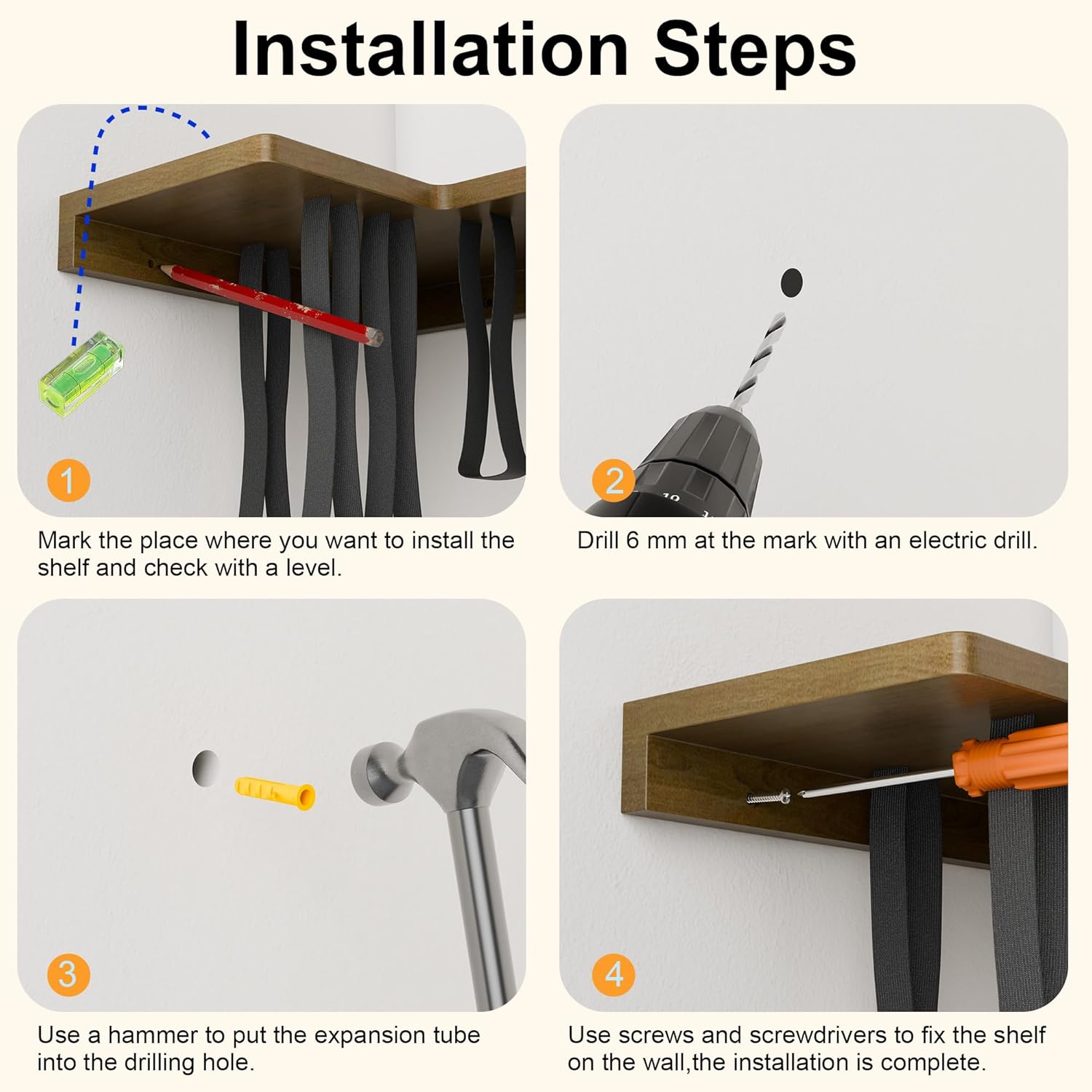 Floating Bookshelves for Wall Set of 2 - Corner Floating Shelves for Books, Rubberwood Wall Mount Bookshelf, Unique Wall Bookshelf with Elastic Strap,Hanging Bookshelves for Wall-Walnut Color