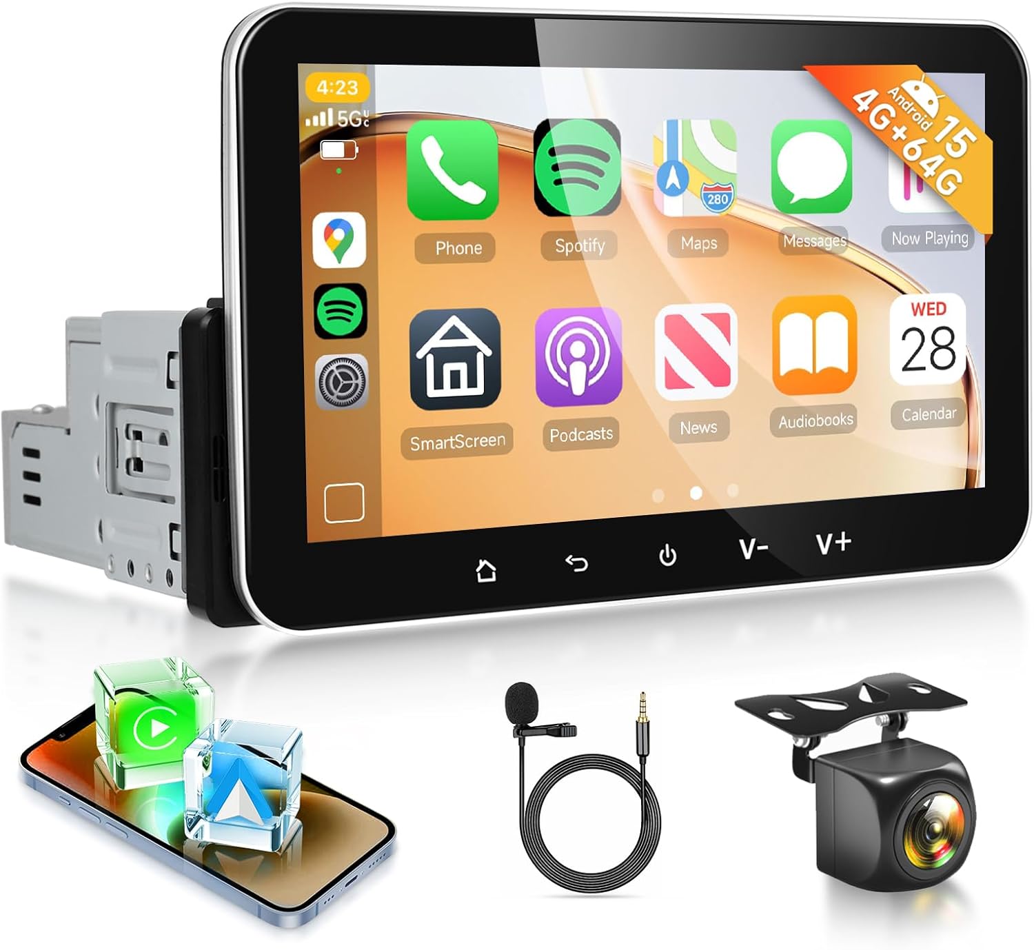 4G+64G Single Din Android Car Stereo with Wireless CarPlay & Android Auto for Head Unit 7'' Touchscreen with Backup Camera/Bluetooth/GPS/Built-in WiFi/FM/EQ/USB/Type-C/SWC for Single Din Stereo