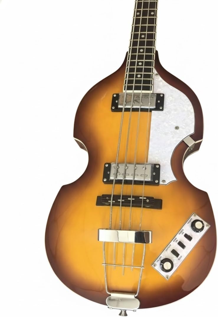 Violin Electric Bass Guitar 4 String 41 Inch Short Scale - Hollow Basswood Body with Flame Maple Appearance & Neck(Brown)