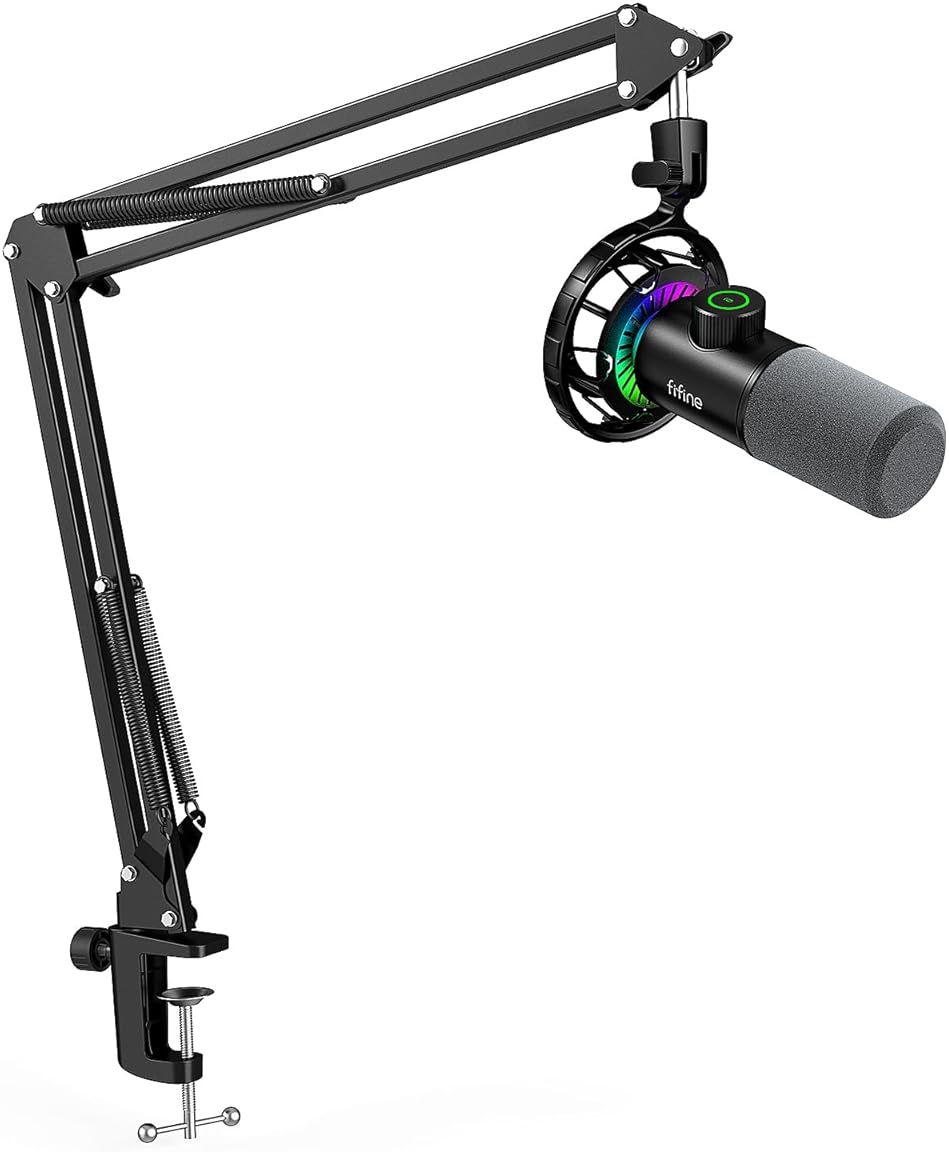 FIFINE USB Gaming Microphone and Boom Arm Stand Kit, RGB Dynamic Mic with Tap-to-Mute, Gain Knob for Streaming, Metal Mic Stand with C-Clamp, 3/8