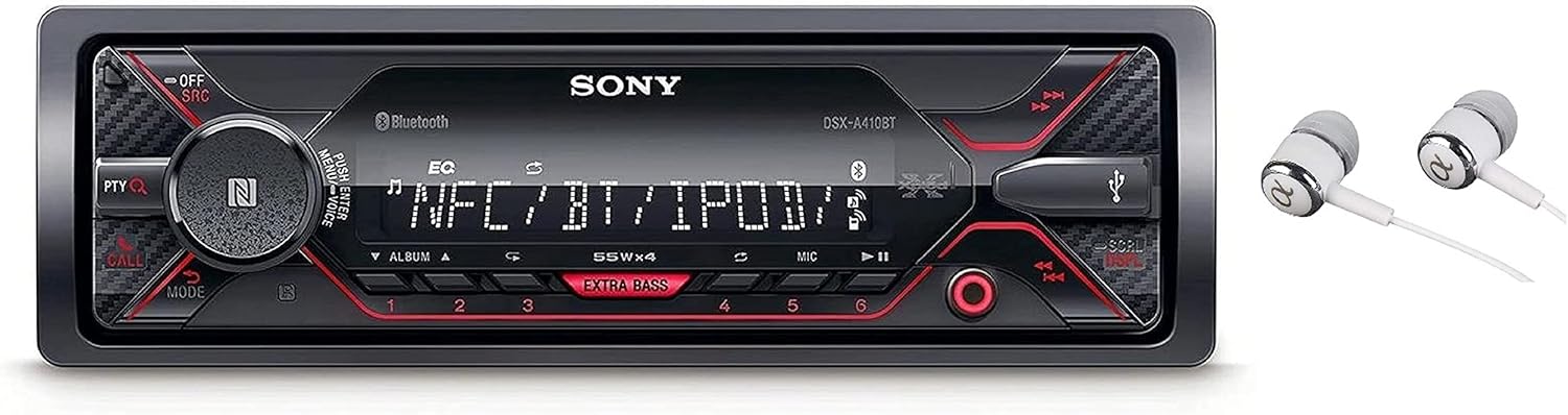 Sony DSX-A410BT Single Din Bluetooth Front USB AUX Car Stereo Digital Media Receiver Bundled with Earbuds (No CD Player)