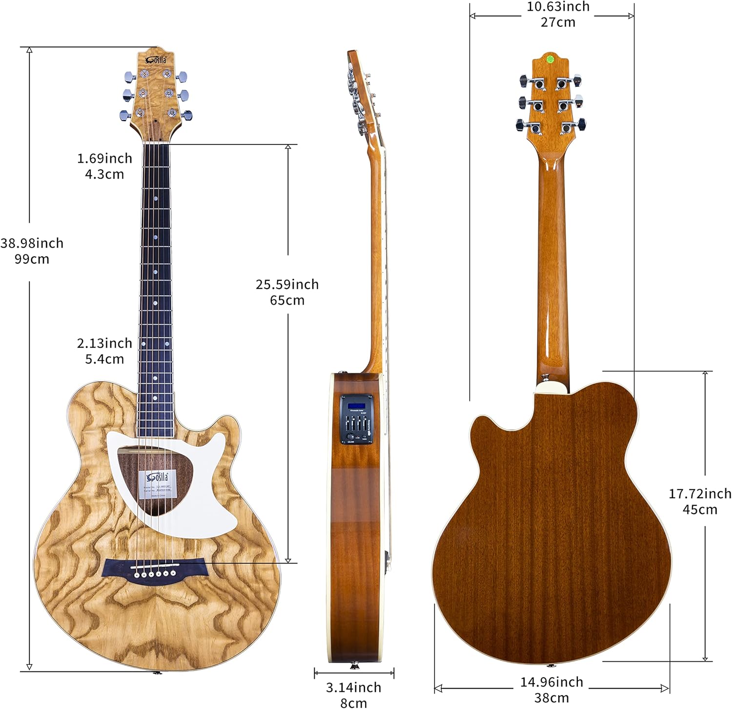 Gosila 39“ Acoustic Electric Cutaway Guitar, Thin Body, Built-In Tuner,ashwood gloss natural finish body