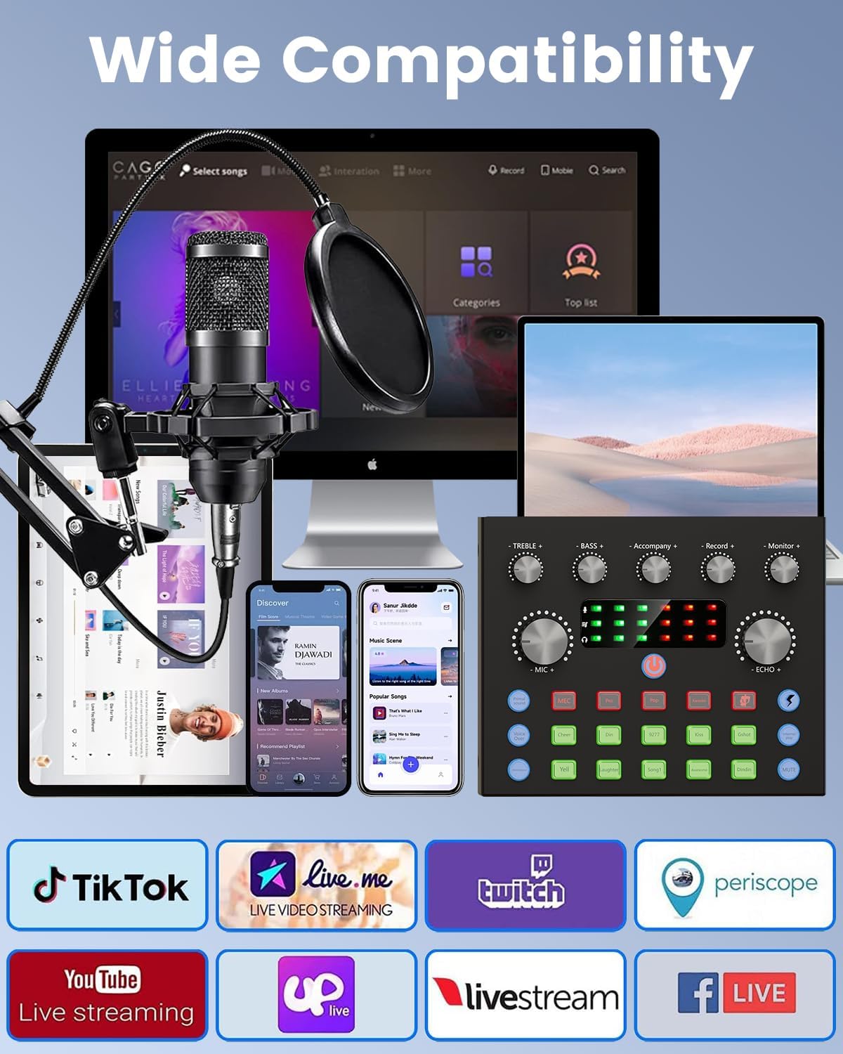 Podcast Equipment Bundle for 2, All-in-One Audio Interface with Studio Condenser Microphone Perfect for Podcasting, Recording, Singing, Streaming and Gaming, PC, Smartphone, YouTube, TikTok