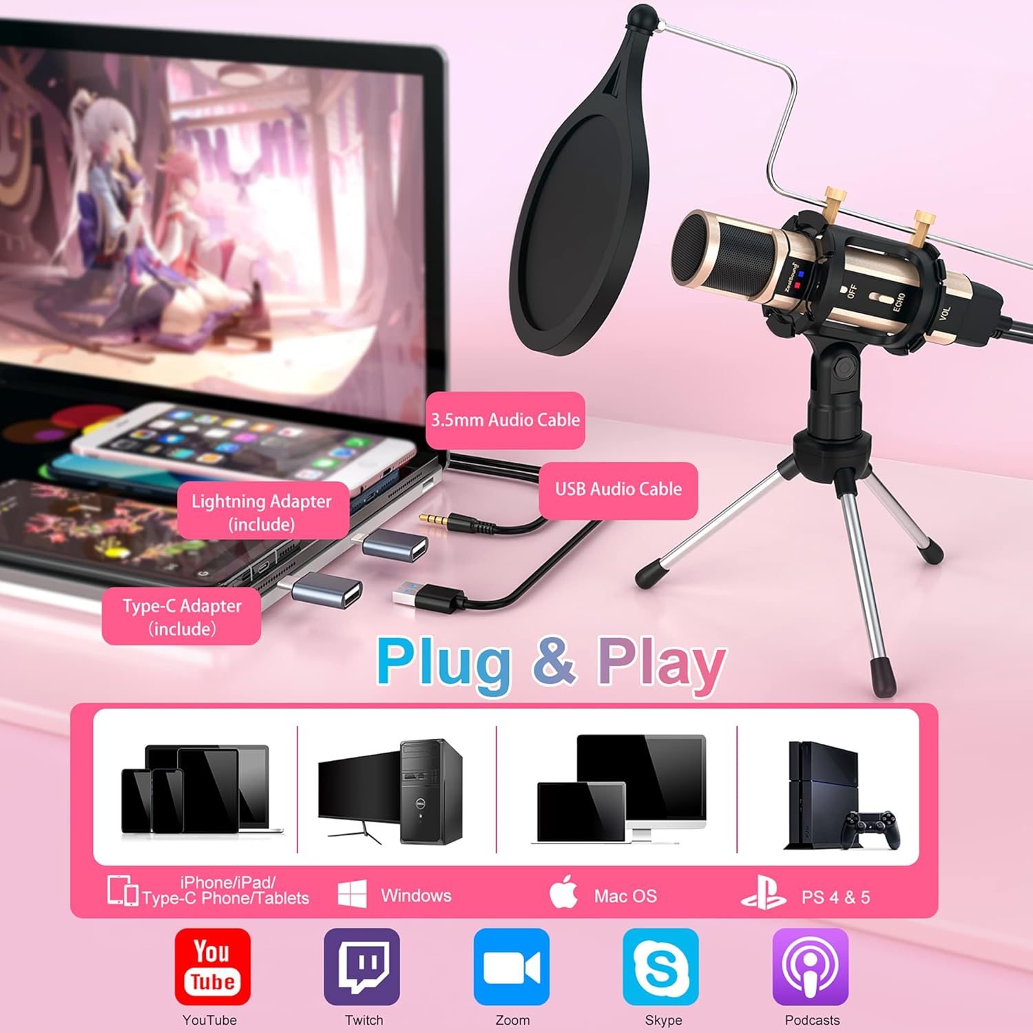 ZealSound k66w + k08-2s Gold Microphone Bundle