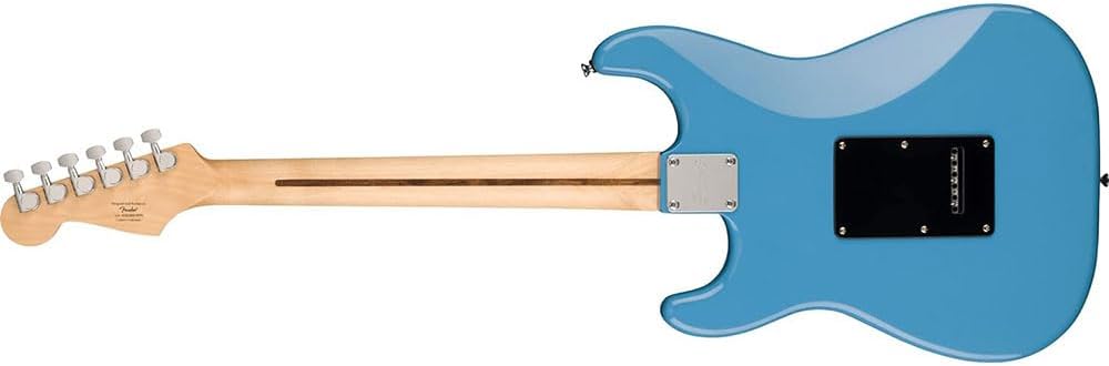 Squier Sonic Stratocaster Electric Guitar California Blue, Laurel Fingerboard, Black Pickguard Bundle with Fender Logo Guitar Strap Black, Fender 12-Pack Celluloid Picks, and Cable