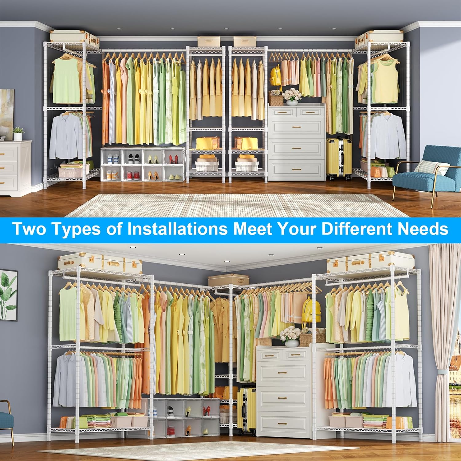 E10L L-Shaped Clothes Rack for Corner（With Expandable Hanger Rod）Heavy Duty Freestanding Clothing Racks for Hanging Clothes，Portable Garment Rack 58-82