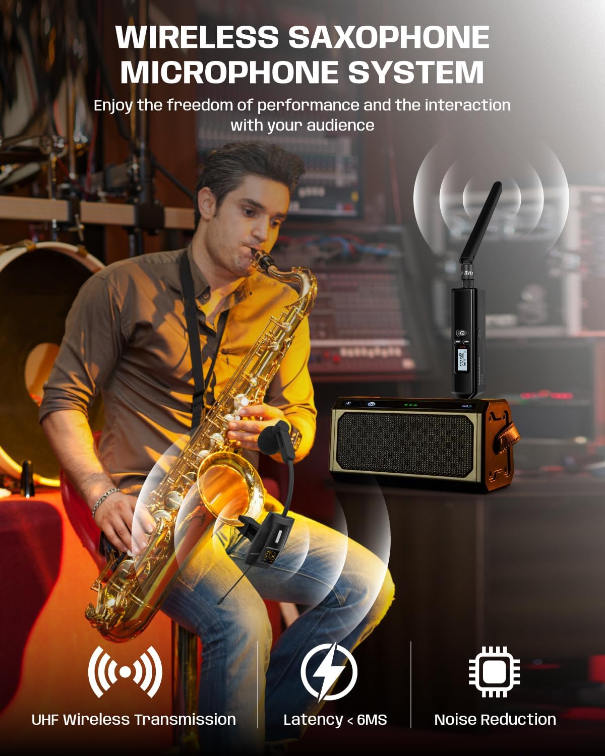 Saxophone Microphone, UHF Rechargeable Wireless Instruments Microphone System with Transmitter and Receiver 196ft Range, Clip on Condenser Mic for Trumpet, Trombone, Saxofon, Most Brass Instruments