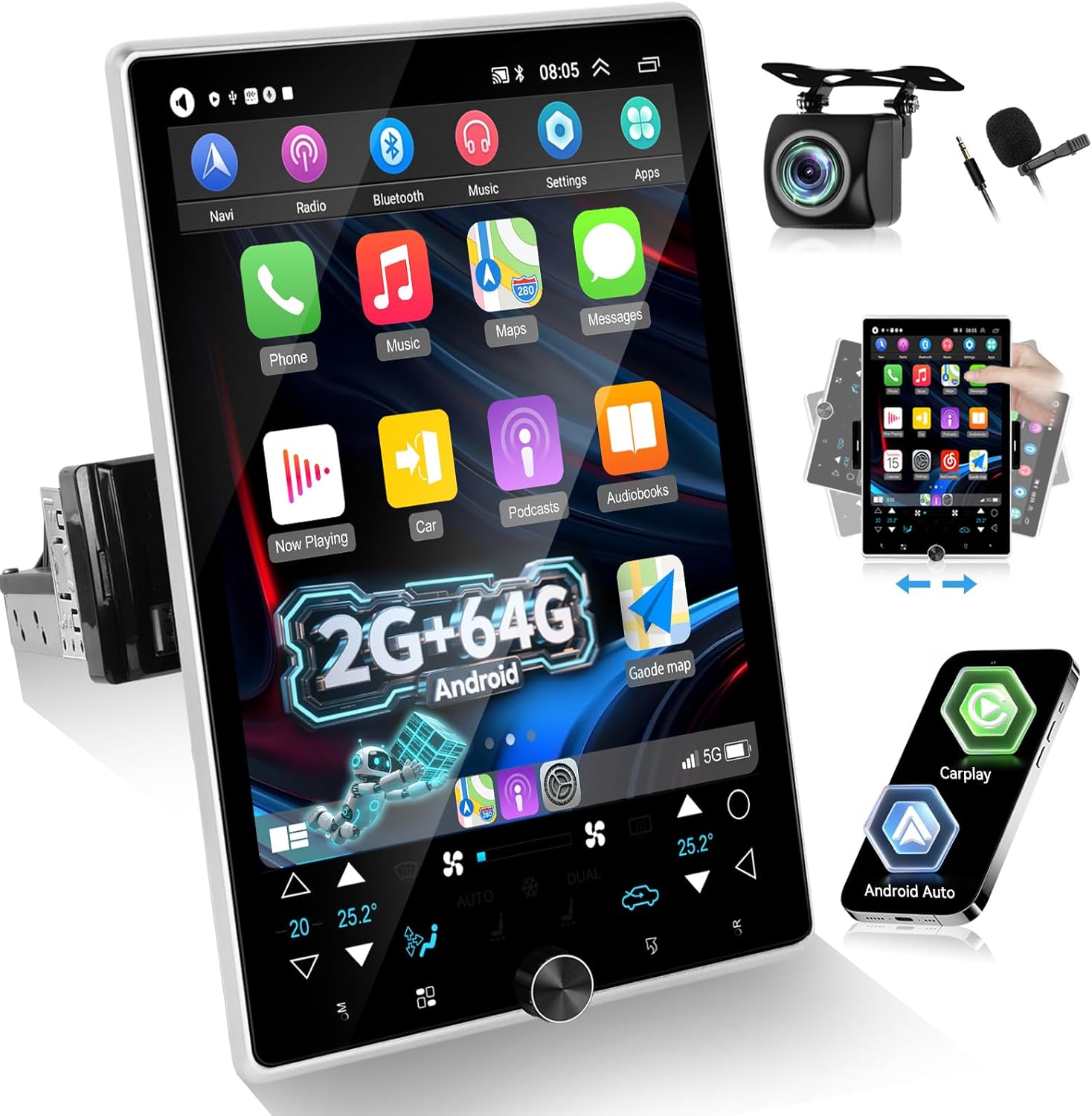 [2G+64G] Single Din Android Car Stereo Rotatable 10.4 inch Vertical Touch Screen Radio with Carplay/Android Auto/EQ Audio/Bluetooth/SWC/FM RDS Radio +AHD Backup Camera