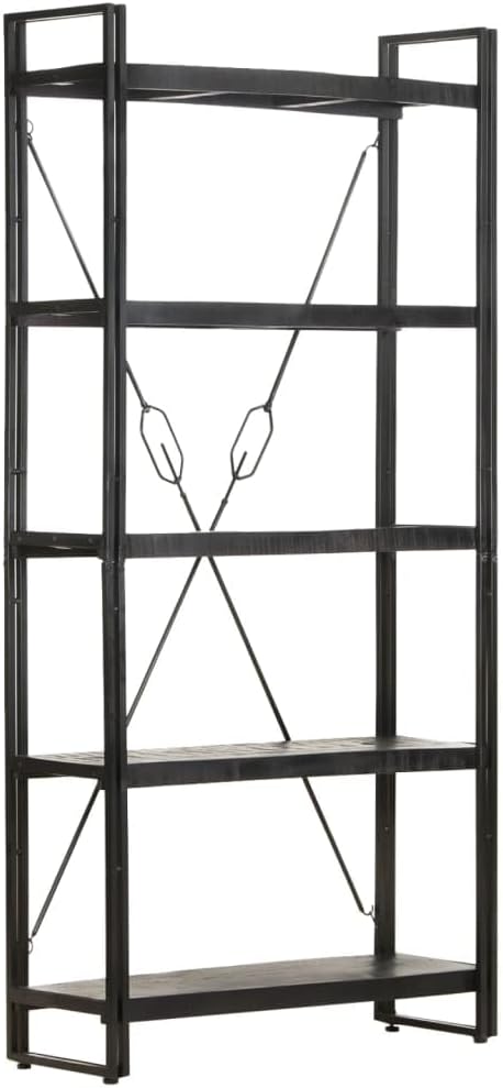 Black Industrial Bookcase, Solid Rough Mango Wood, Powder-Coated Steel Frame, 5-Tier Display Shelf, 11.8x35.4x71 Inch, Living Room Storage Home Office