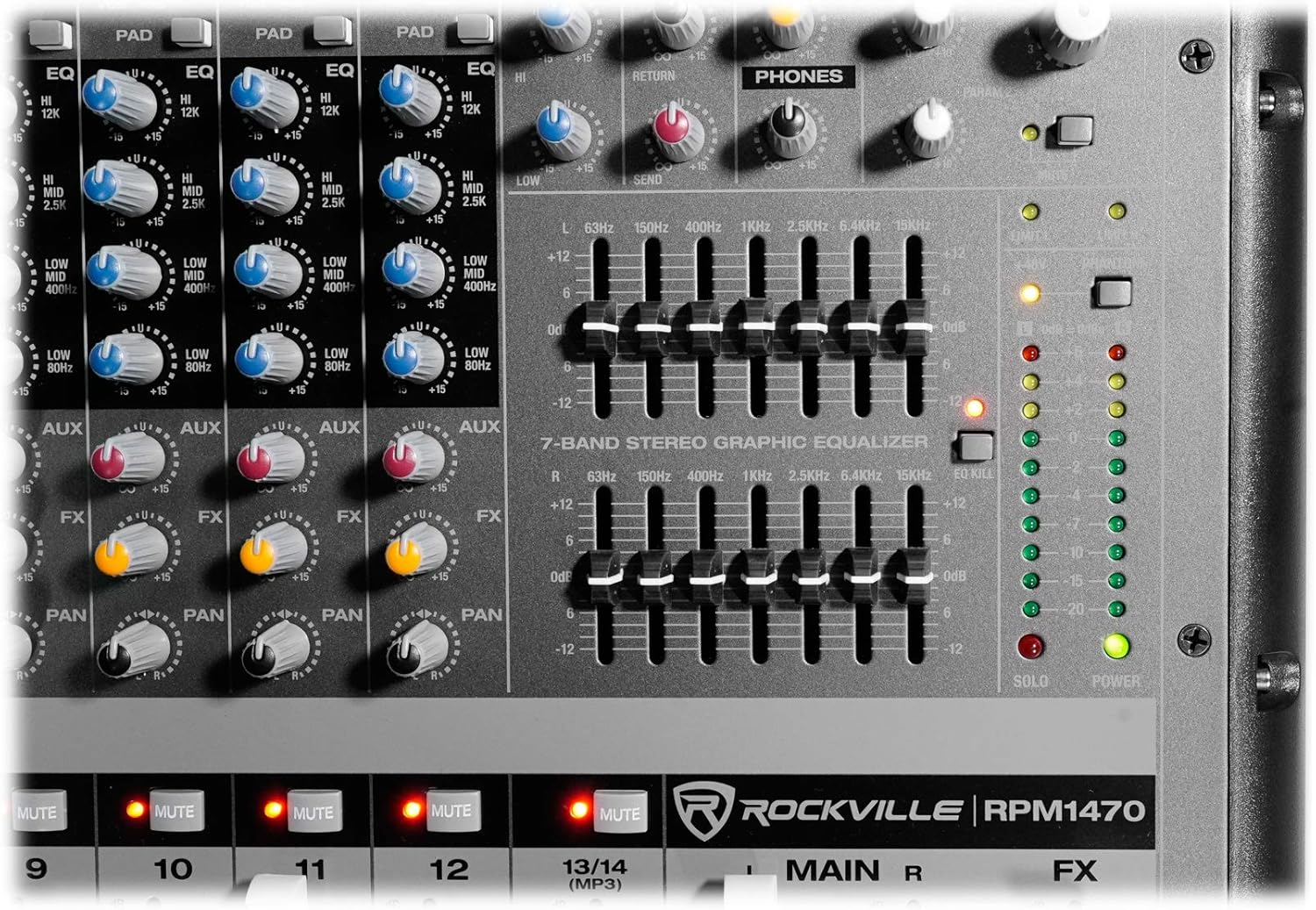 Rockville RPM1470 6000W Peak 14-Channel Powered Mixer, 750W RMS x 2 at 4 Ohm, USB/Bluetooth, 24-Bit Effects, 14 XDR2 Mic Preamps, for Live Events/Church Bands