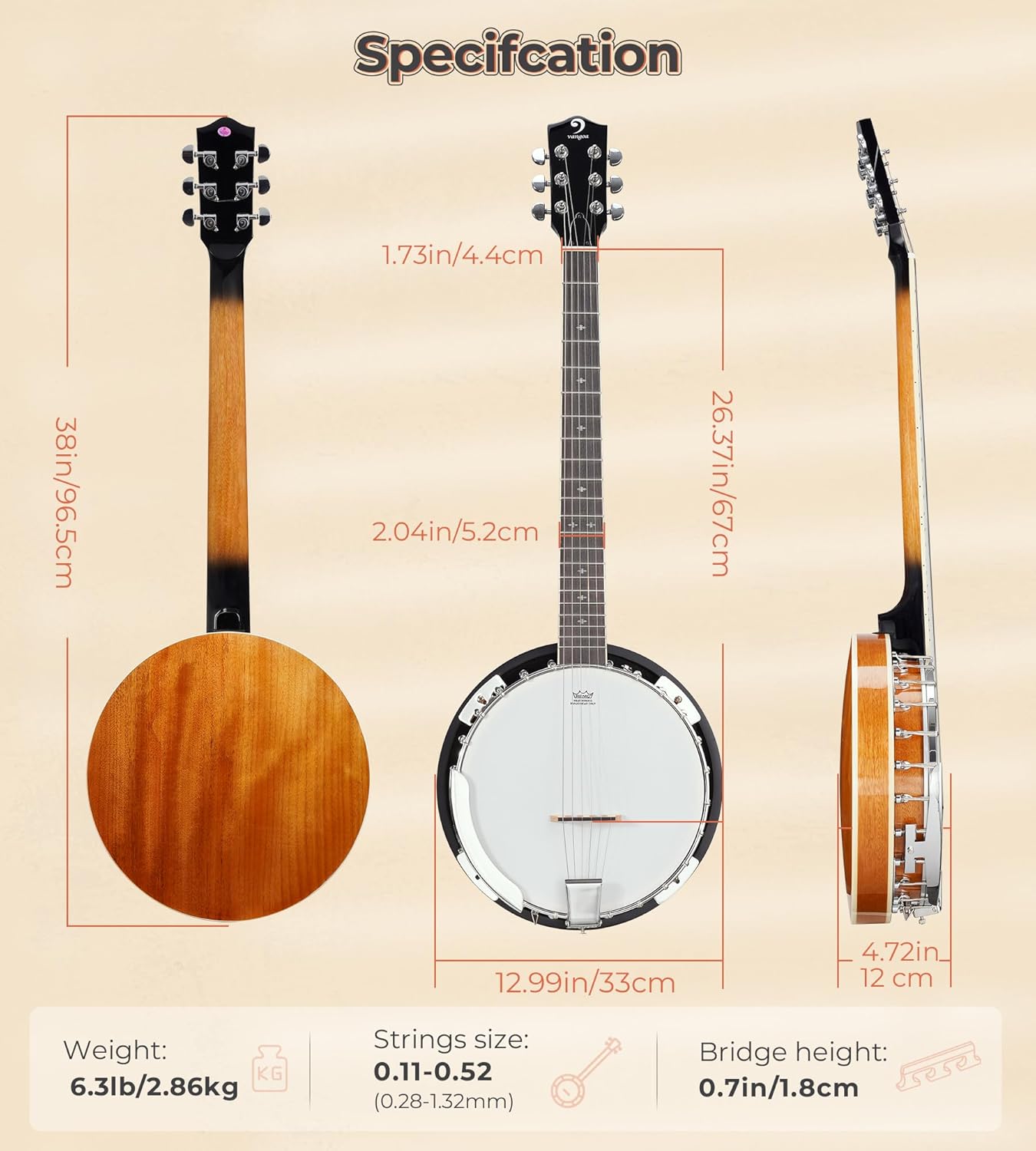 Vangoa 6 String Banjo Guitar Full Size, 38 Inch Banjo Guitar with Resonator Closed Back, Remo Head, Beginner Banjitar Six String Banjo Kit for Adults Teens Starters