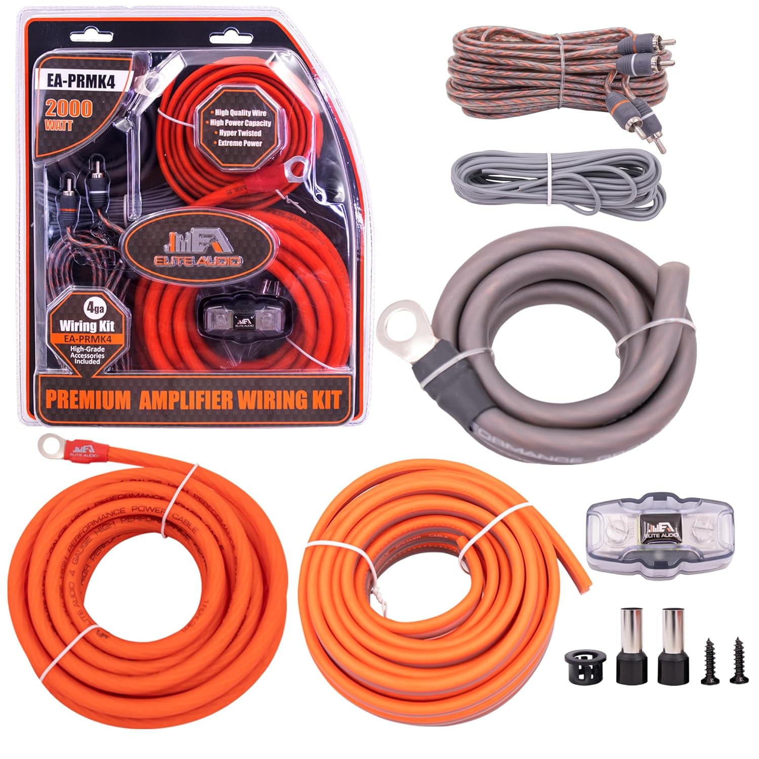 Elite Audio Premium Series Amp Kit Copper Clad Aluminum Wire, Triple-Shielded RCA Cables, High-Power Capacity, ANL Fuse Holder, Car Amplifier Install Kit (4 Gauge (Mini-ANL))