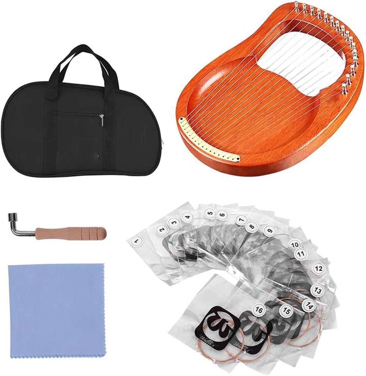 Lyre Harp Set 16-String Wooden Harp Metal Strings Mahogany Solid Wood String Instrument With Carry Bag Tuning Wrench String