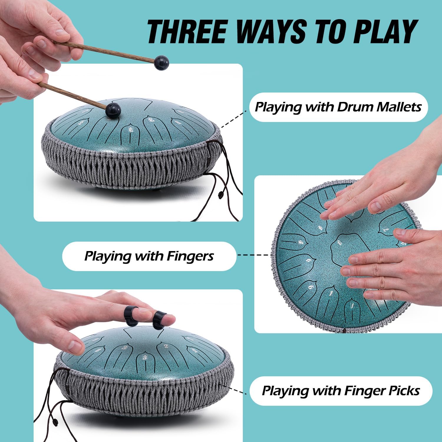 Steel Tongue Drum - 13 Inch 15 Notes C-key Handpan Drum Percussion Instruments with Music Book for Musical Education Entertainment Meditation Concert Mind Healing Yoga Zen (Malachite)