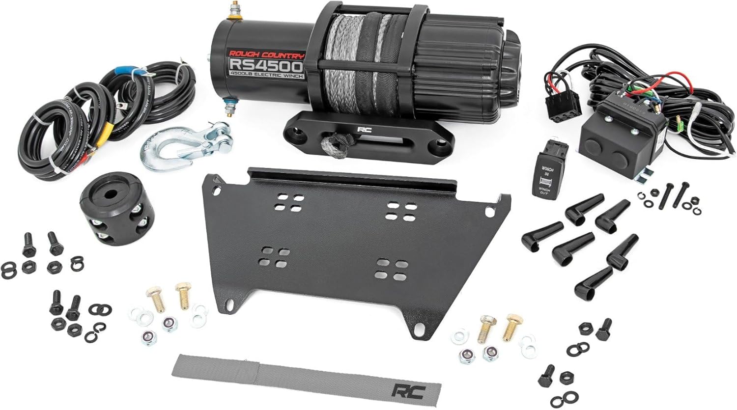 Rough Country 4,500 LB Winch Mount for Polaris Ranger XP 1000 - Bolt-On Mounting Plate with RS4500S UTV Winch & Synthetic Rope