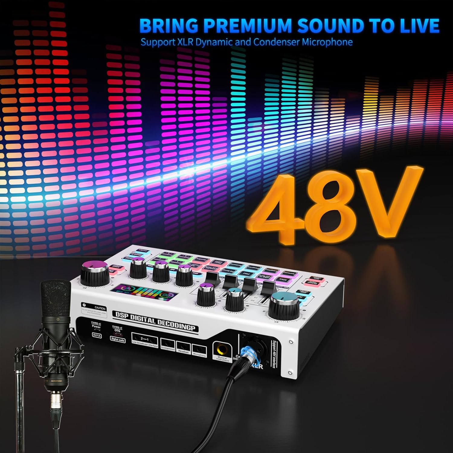 Streaming Audio Mixer, LCD Gaming Audio Mixer Interface, Live Sound Card with Bluetooth, 48V Phantom Power for Live Streaming Podcast, Recording, Gaming