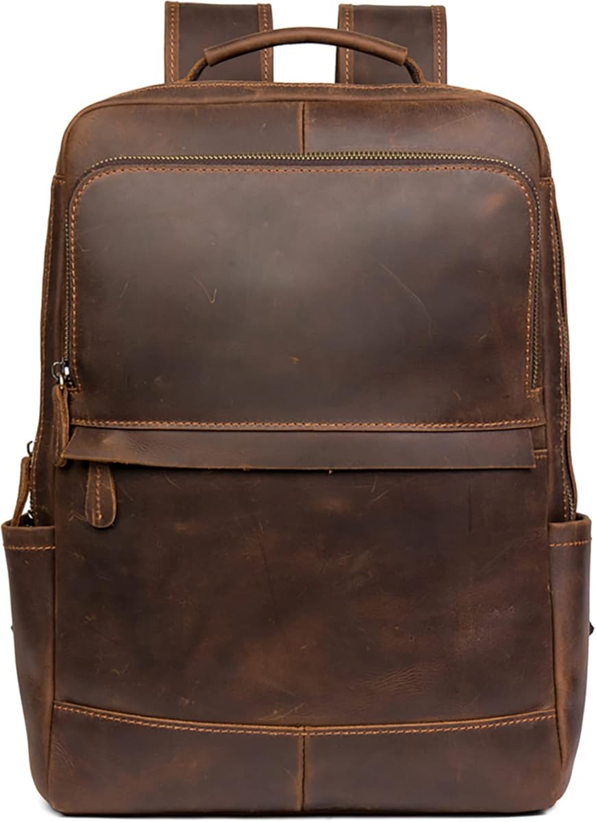Vintage Genuine Leather 14 Inch Laptop Backpack,Hiking Travel Bag Anti Theft Camping Daypack
