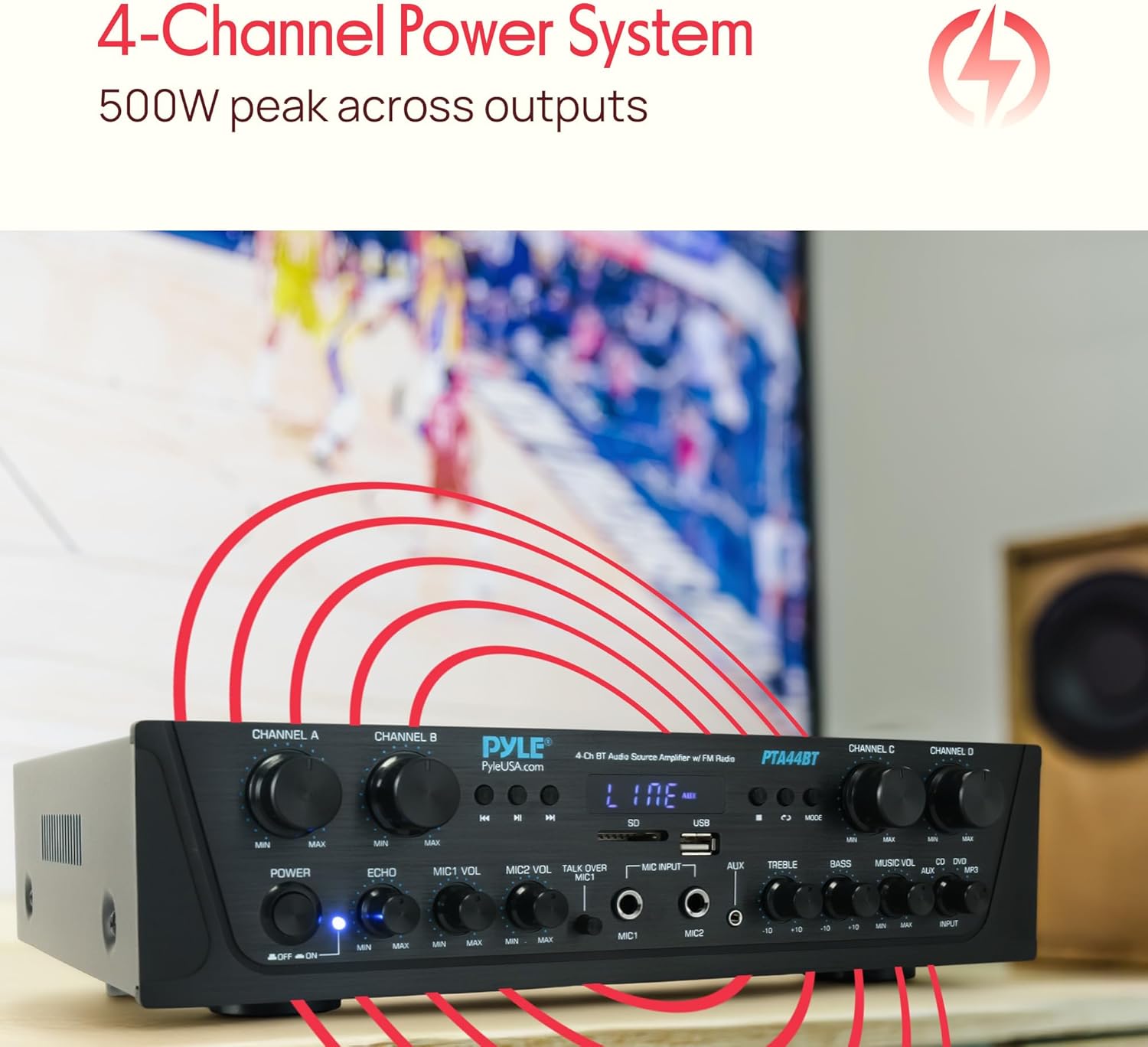 Pyle 500W 4-Channel Karaoke Bluetooth Amplifier / Home Stereo Receiver for Wireless Music Streaming - with AUX - FM - RCA - Sub Out - USB - A / SD MP3 Player - Mic Input with Echo, Vol, Talk-Over