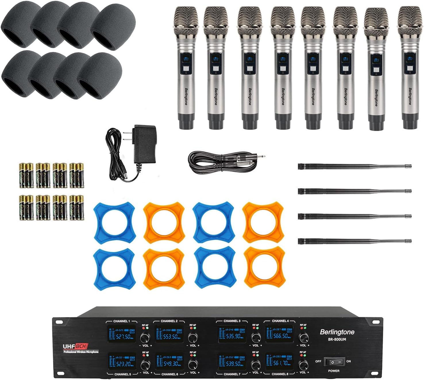 Berlingtone) 8-Channel UHF Wireless Microphone System Cordless Mic with Metal Handheld, Fixed Frequency Channel, Dynamic Microphone for Karaoke, Church, Singing, DJ, 262ft Range (BR-800UM)