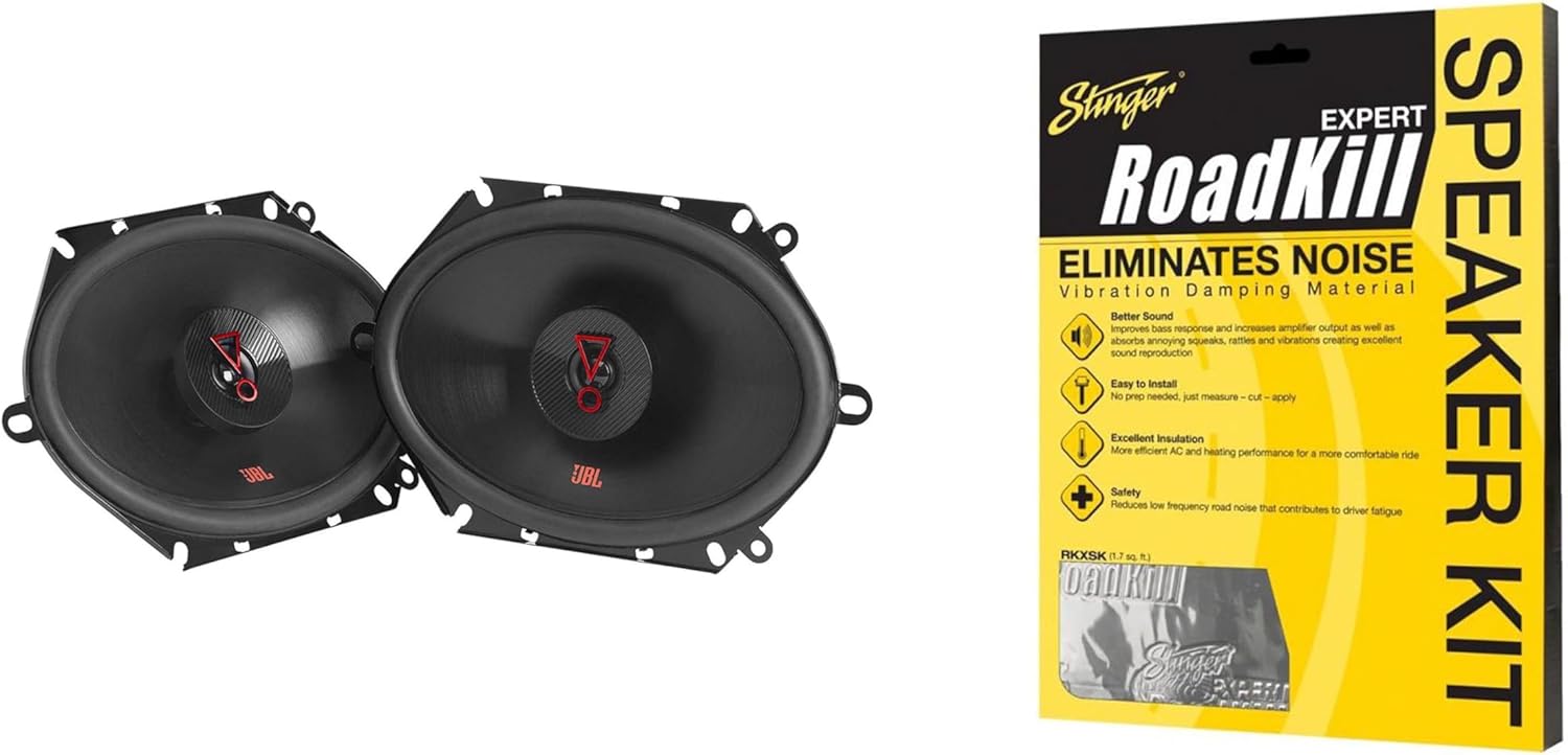 JBL Stage38627AM Stage3 5x7 / 6x8 Custom-Fit Two Way Car Audio Speakers with RKXSK Roadkill Speaker Sound Deadening Kit 2-Peice: 1.7sq-ft Total (10” x 12”)