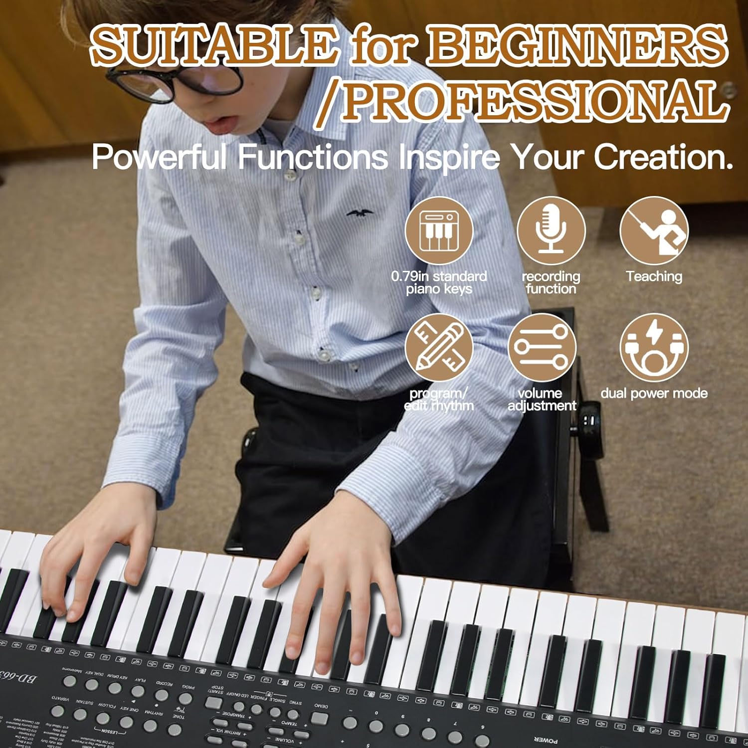 Keyboard Piano 61 Key Electric Piano Keyboard for Beginners/Professional, Portable Light Up Music Keyboard Built-in Dual Speakers with LED Display, Music Stand, Stand, Microphone, Bench (A)