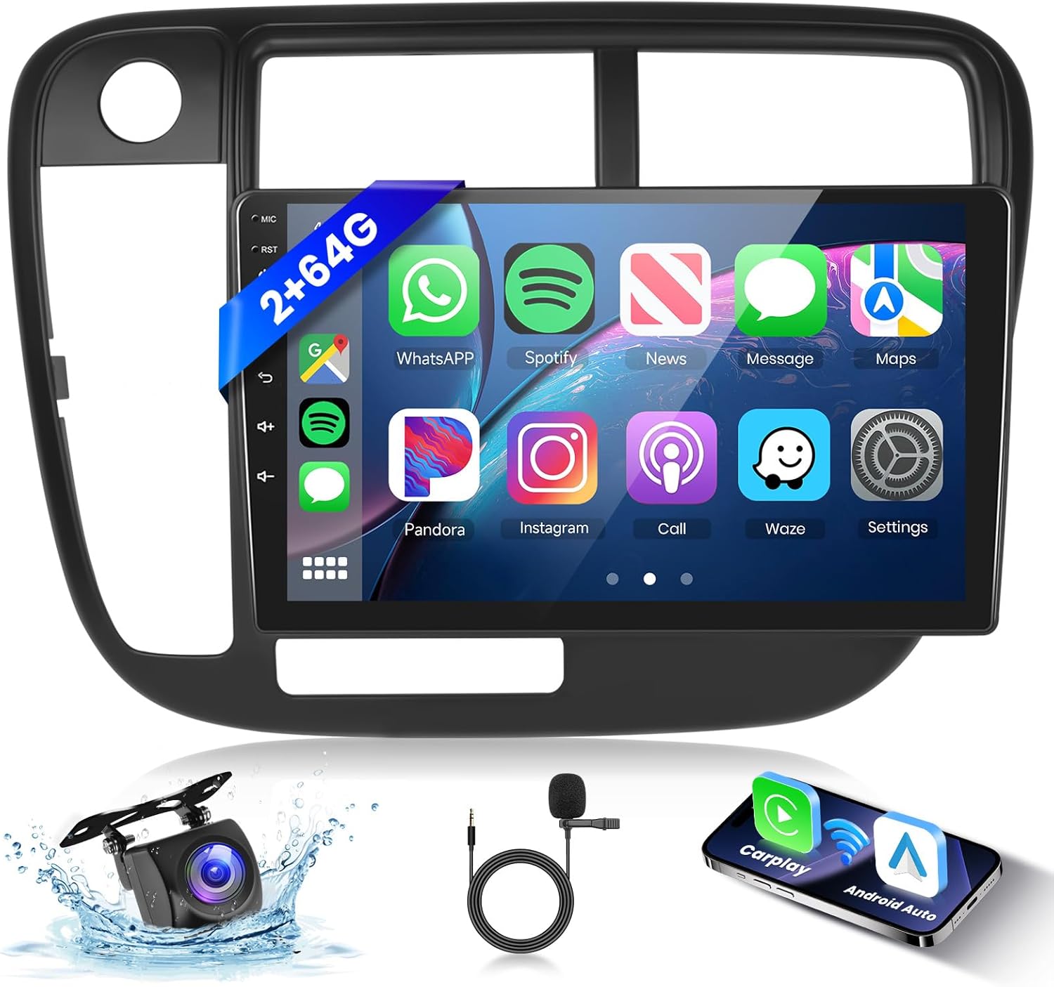 Hodozzy 2G 64G Car Stereo for Honda Civic 1996-2001 with Wireless Carplay Android Auto, 9-Inch Touch Screen with GPS/WiFi/Bluetooth, FM RDS, Mirror Link, Backup Camera 2 din Radio for Honda