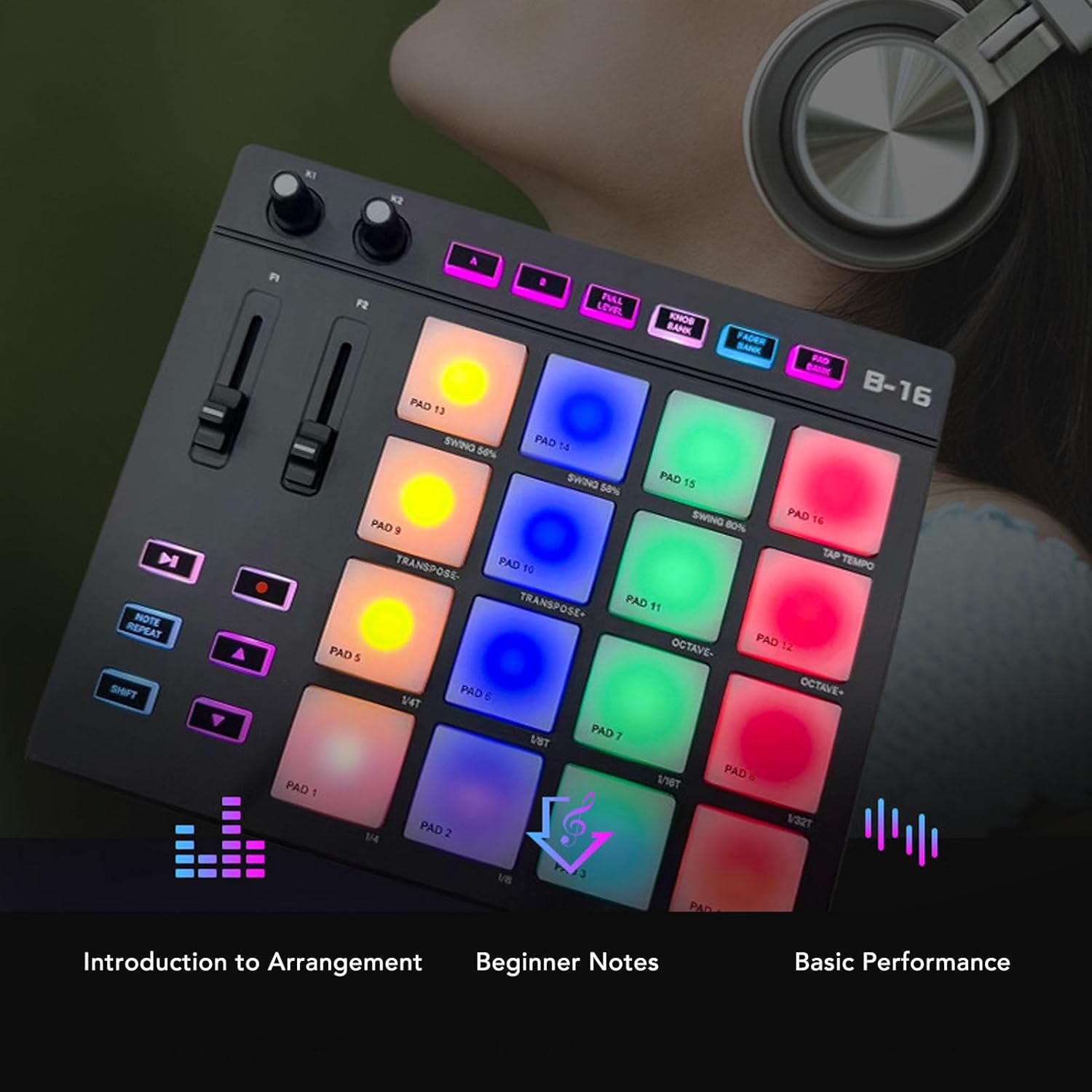 MIDI Controller Pad, Customizable Keys, with 16 RGB Drum Pads, 2 fader, 2 knobs, Portable MIDI Drum Pad, for Music Production