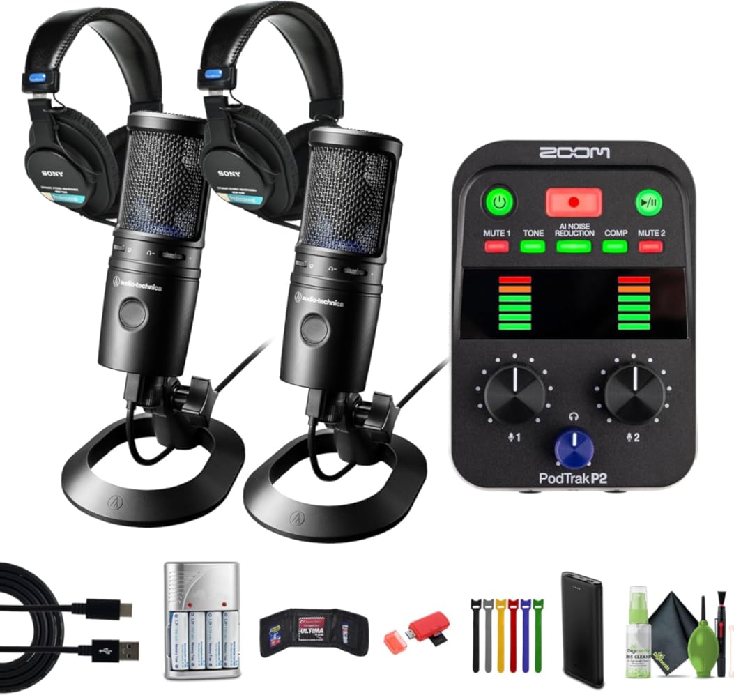 Zoom PodTrak P2 Podcast Recorder with 2 USB Mic Inputs Bundle with 2X MDR-7506 Professional Stereo Headphones + 2X AT2020USB-X Cardioid Condenser USB Microphone + More