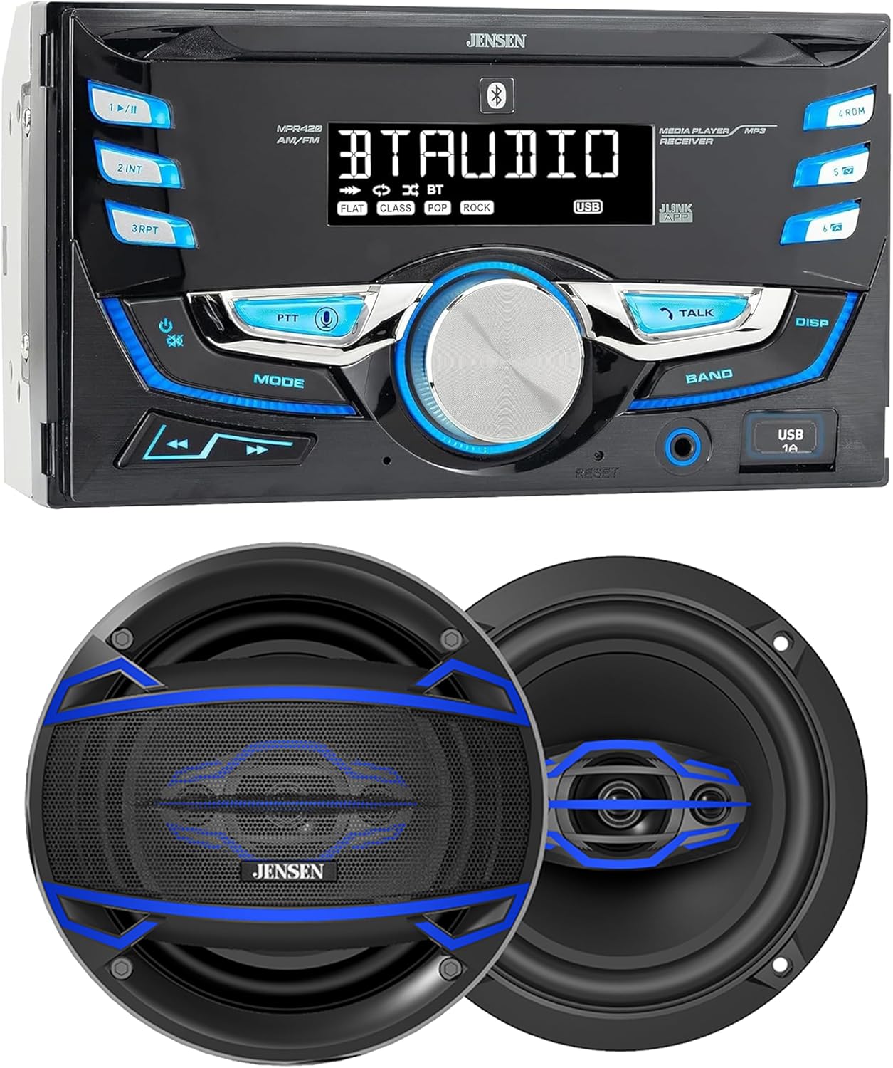JENSEN MPR420 7 Character LCD Double DIN Car Stereo Radio & JS6504 6.5 inch Car Speakers