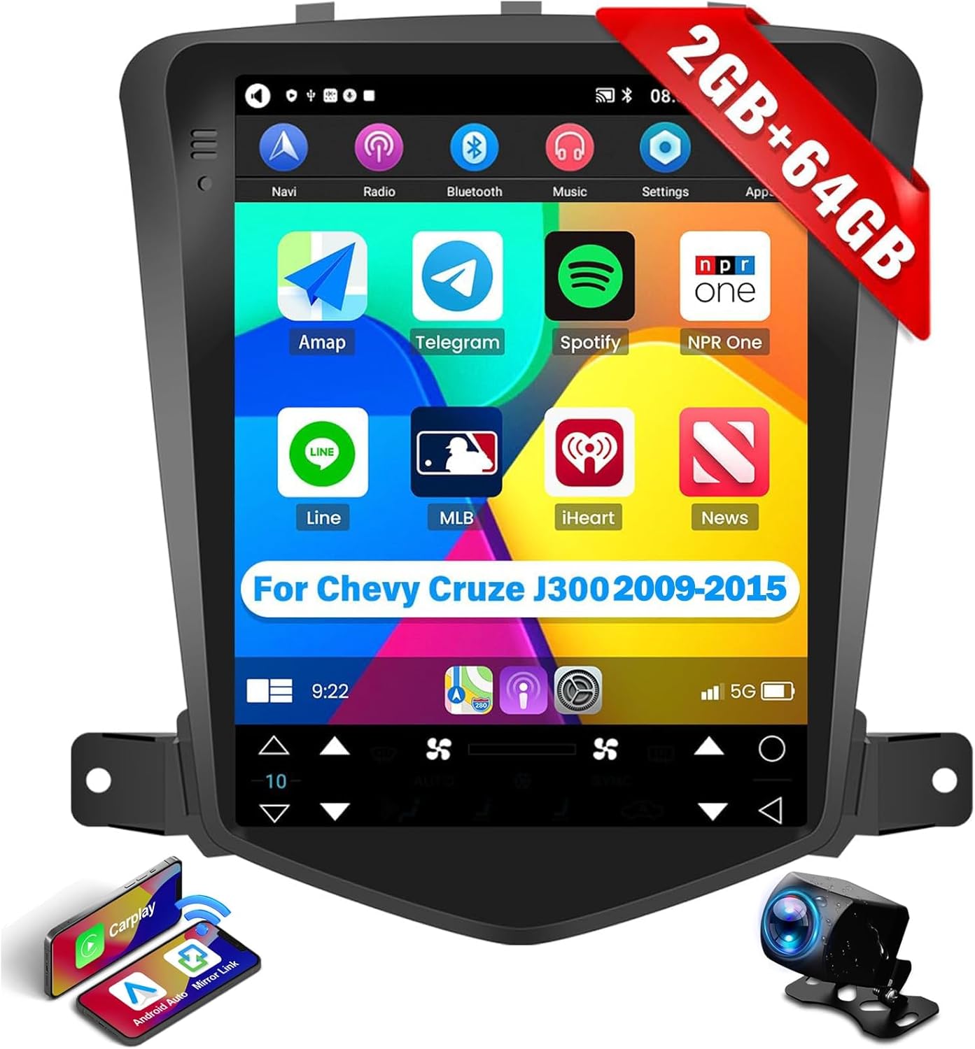 2G+64G for Chevrolet Chevy Cruze J300 2009-2015 Radio Android 13 Car Stereo Wireless Carplay Android Auto 9.7 Inch T-Style Touch Screen Bluetooth GPS Navigation FM/RDS HiFi WiFi SWC + Rear Camera