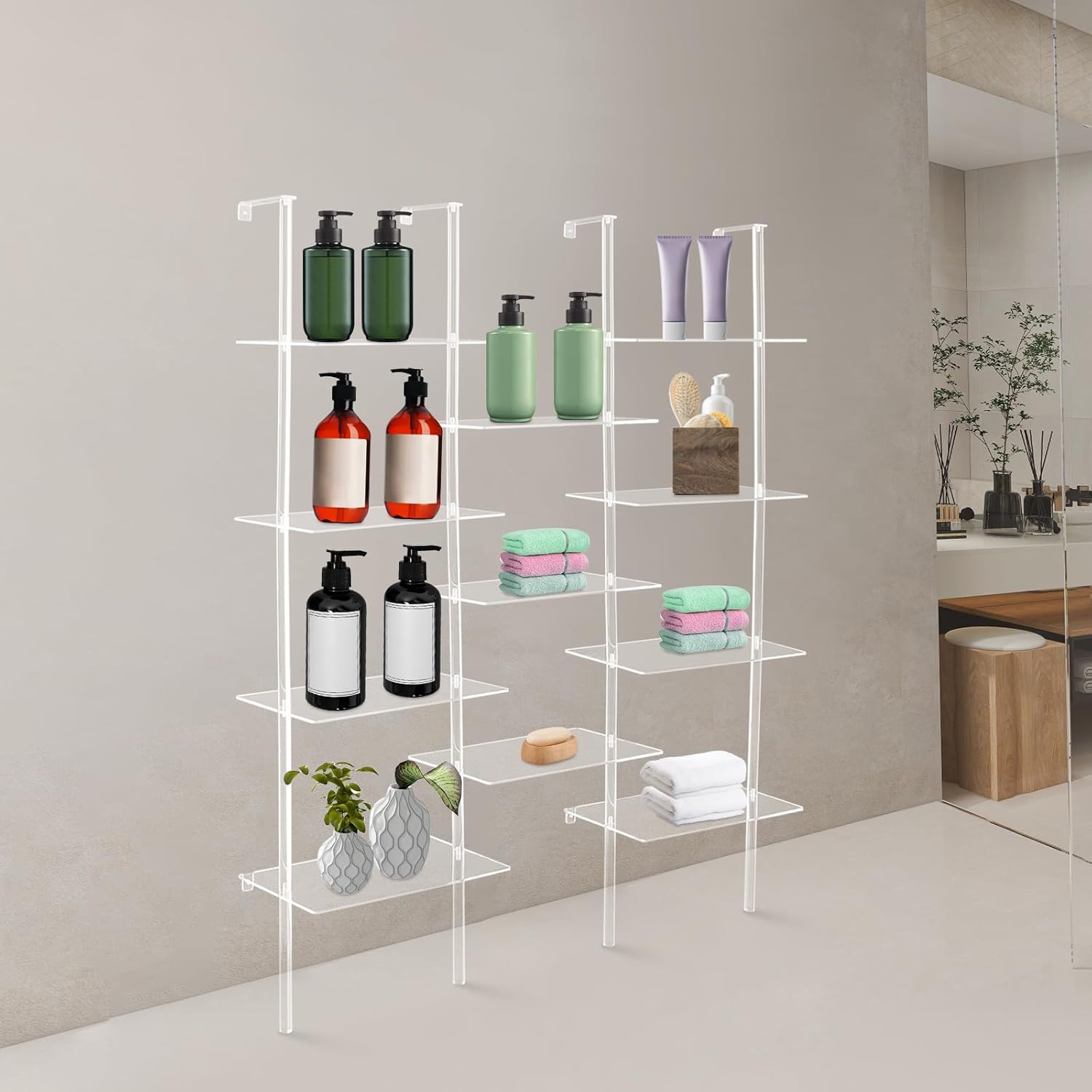 Acrylic Geometric Bookshelf, Clear Modern Bookcase with 22 lbs Capacity per Tier, Wall Mount & Freestanding Display Shelf for Living Room, Bedroom and Office (59.4 inch)