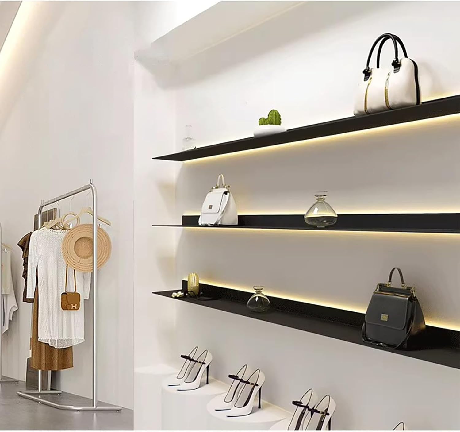 1PCS Lighted Display Stand Wall Shelves for Storage,Metal Floating Shelves,L-Shape Display Picture Ledge Shelf for Wall Decor Bedroom Living Room Bathroom Kitchen (Color : Black, Size : 60x20x6cm)