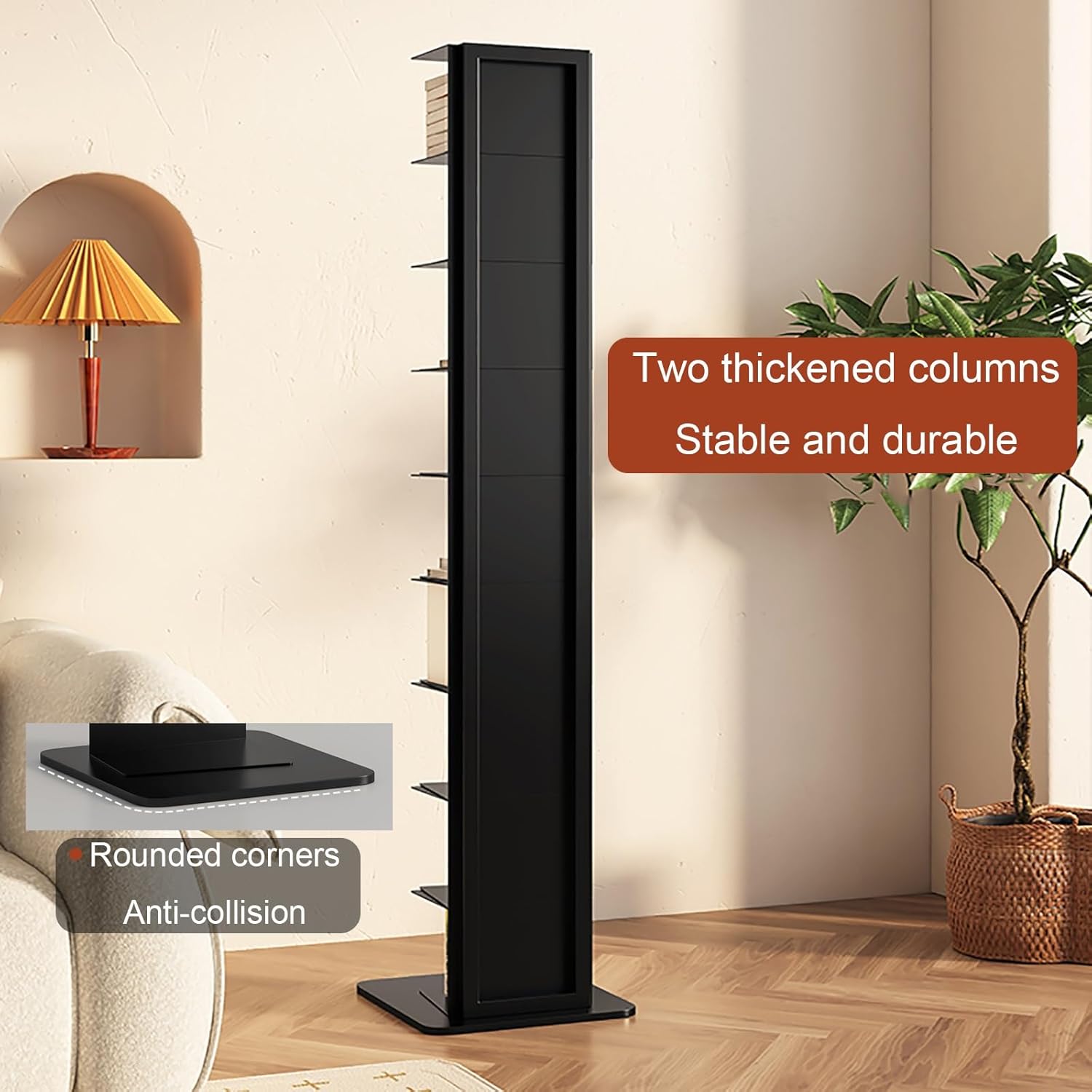 Metal Spine Bookshelf Tower, Modern Open Vertical Bookcase, Invisible Floating Storage Rack, Narrow Floor Standing Organizer, Display Shelf for Small Space(White)