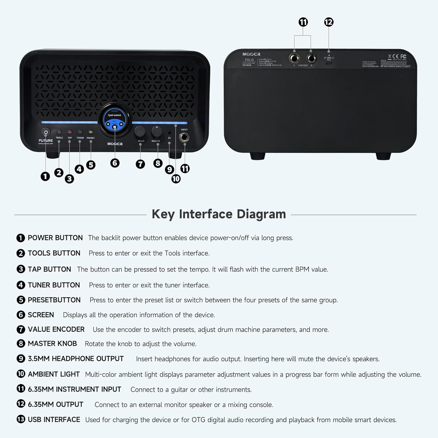 MOOER F15i AI Smart Guitar Amp Touch Screen 15W With Effects Application, 6 Hours Playtime, 55 Amp Models, 66 Effects Types, Loop/Drum Machine/Mod/Reverb/Delay, OTC Record For Electric Guitar And Bass
