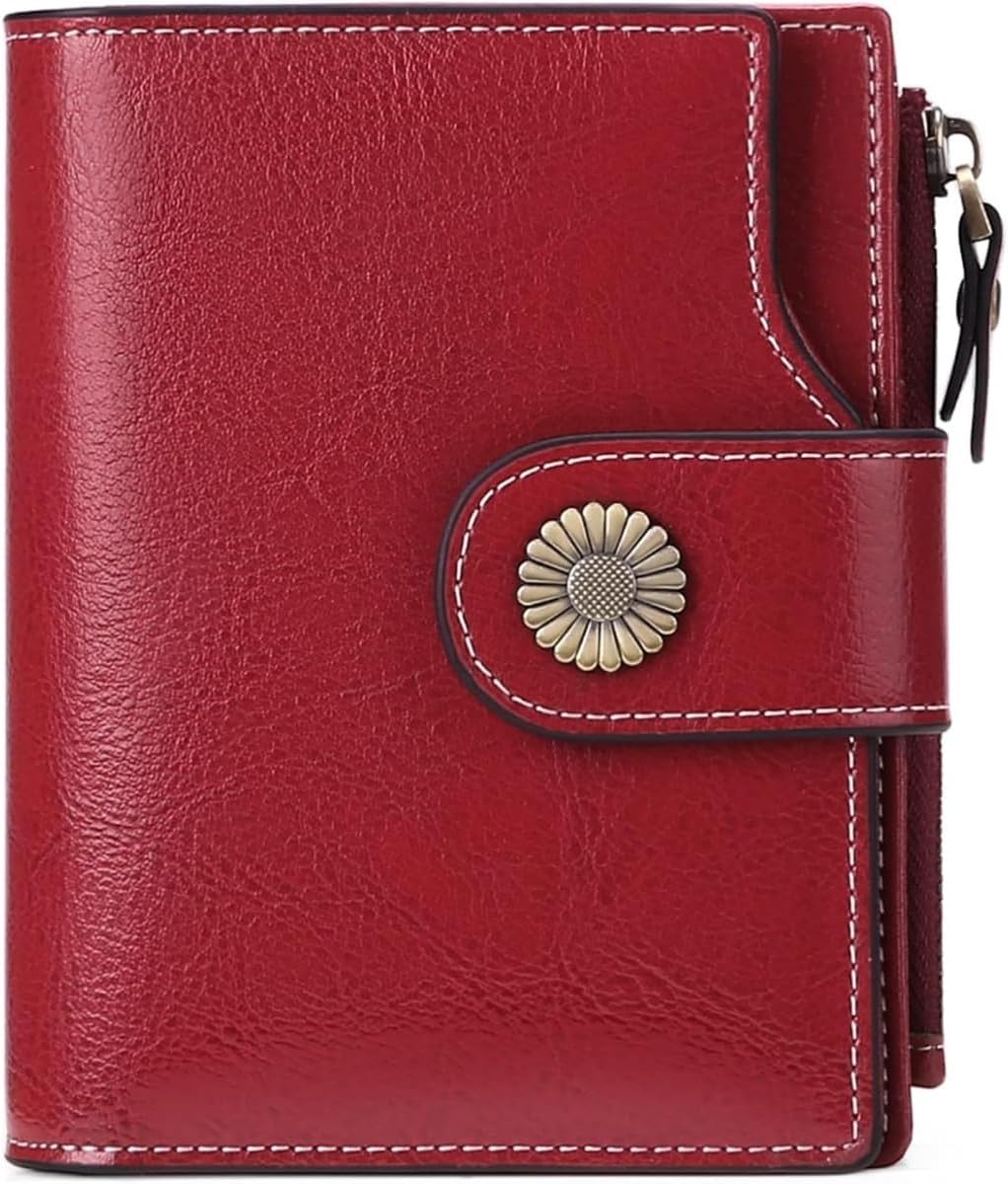 Premium RFID Blocking Trifold Wallet for Women in Genuine Leather with Clear ID Window and Secure Card Organization (Red)