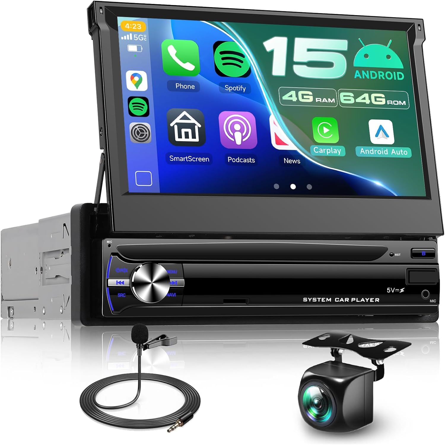 [4G+64G] Android 15 Single Din Flip Out Car Stereo with Wireless Carplay & Android Auto, Hodozzy 7 Inch Touch Screen with GPS Navigation, Bluetooth,WiFi,FM/RDS Radio & USB,Reverse Camera