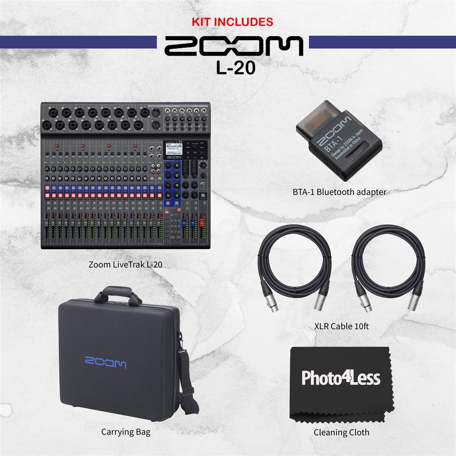 Zoom LiveTrak L-20 20 Input Digital Mixer and Multitrack Recorder Bundle with Carrying Bag, Bluetooth adapter, 2X XLR Cable 10ft