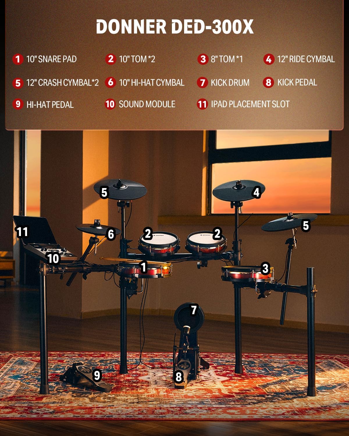 Donner DED-300X Electronic Drum Set Adult Full Size, Electric Drum Kit with 10