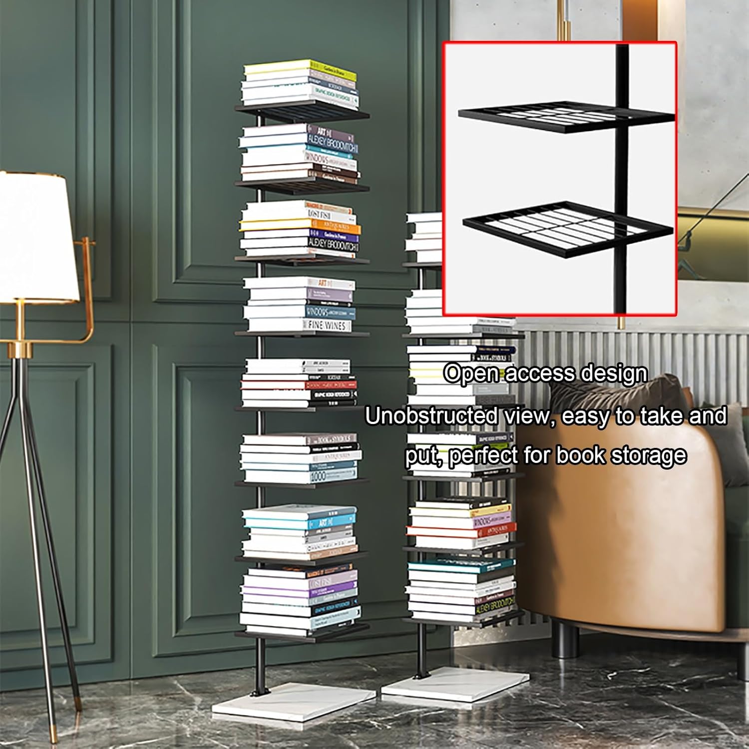 Metal Spine Bookshelf Tower, Modern Open Vertical Bookcase, Invisible Floating Storage Rack, Narrow Floor Standing Organizer, Display Shelf for Small Space(Gold,150cm/59in)