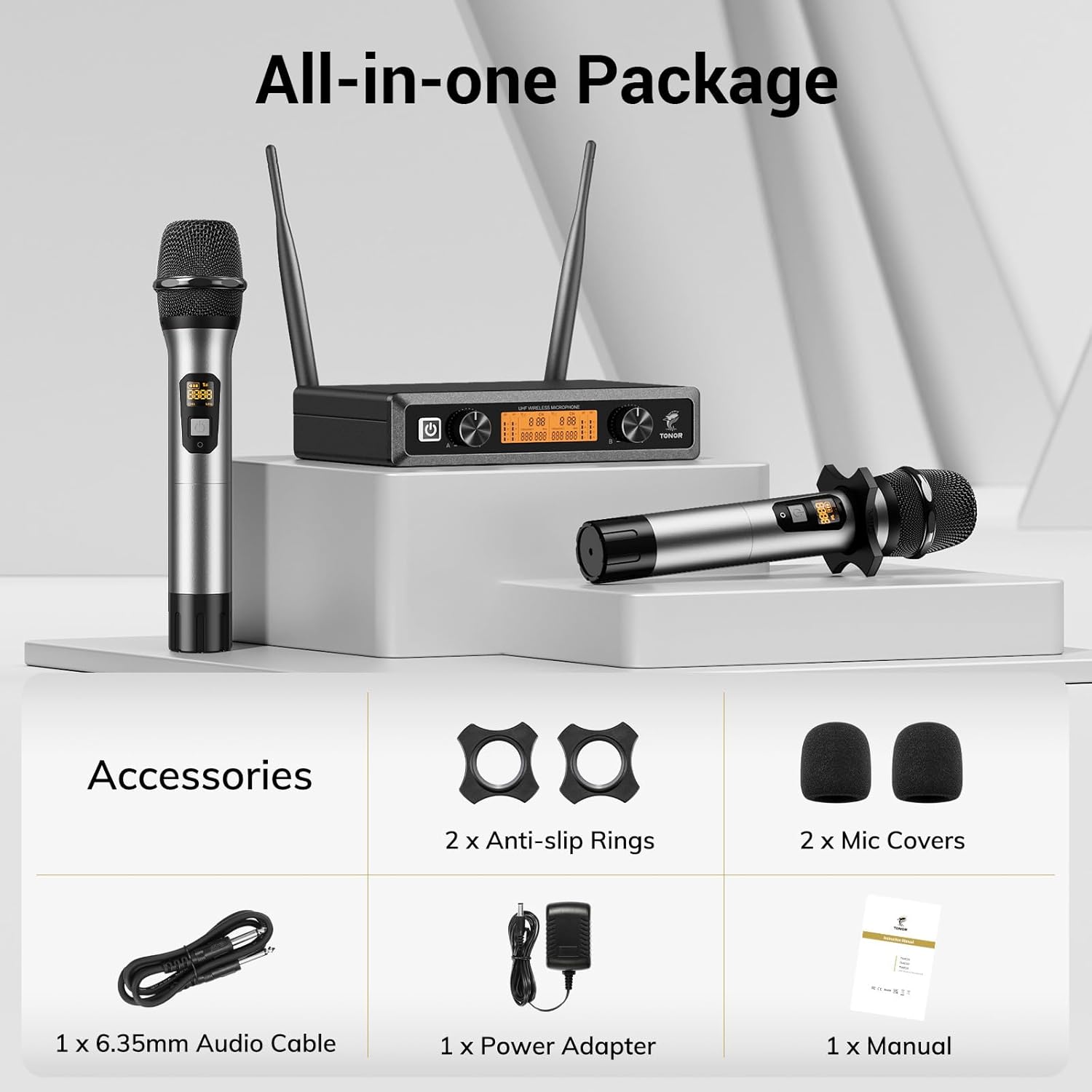 TONOR Wireless Microphones, 2 x 15 UHF Channels Professional Karaoke Microphone, Metal Handheld Cordless Dynamic Mic System for Home Party, Church, DJ, Wedding, Singing, Speech, 200ft TW820 Silver